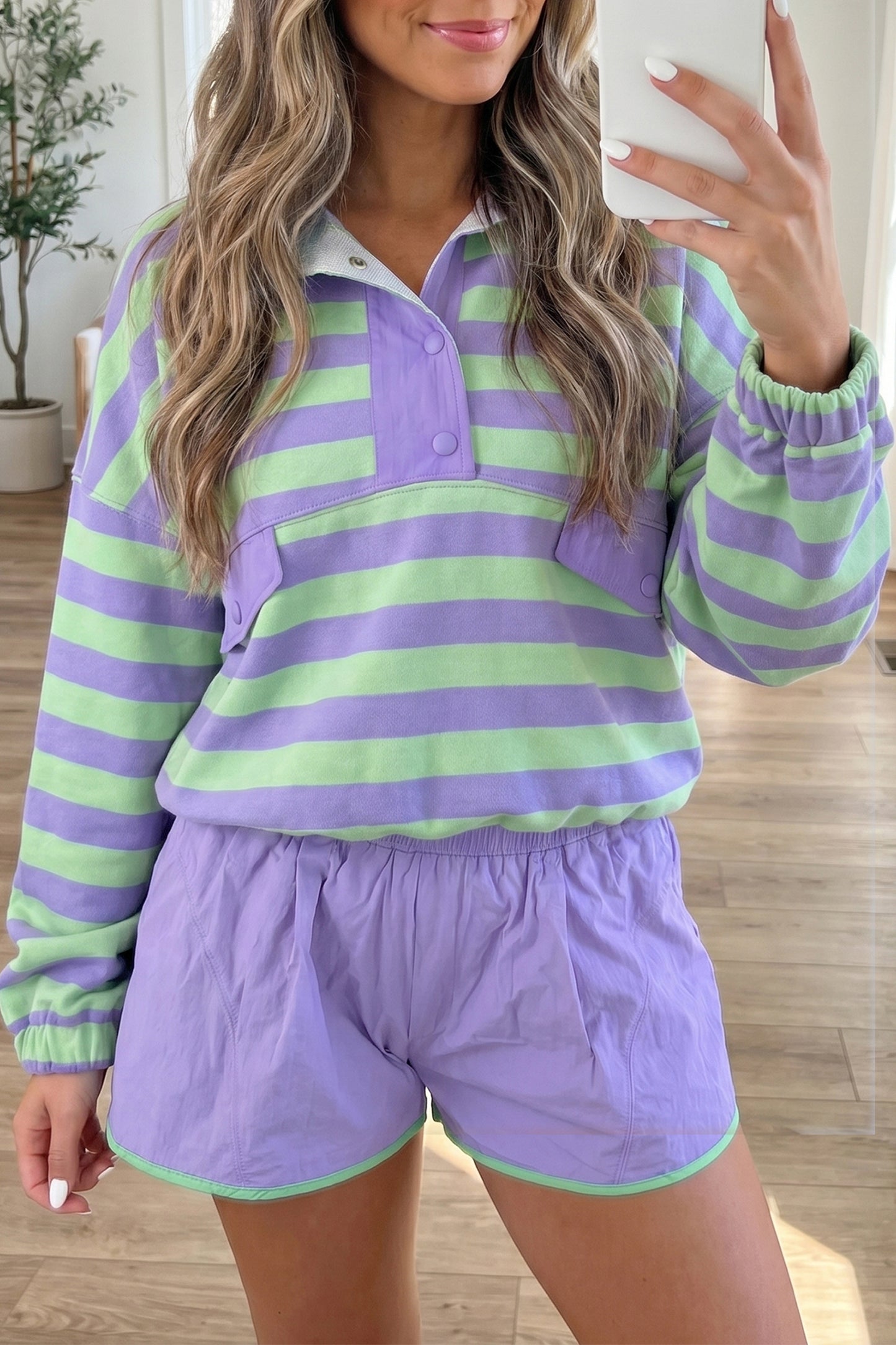 Stripe Half Button Long Sleeve Top Mix and Match Shorts 2pcs Set