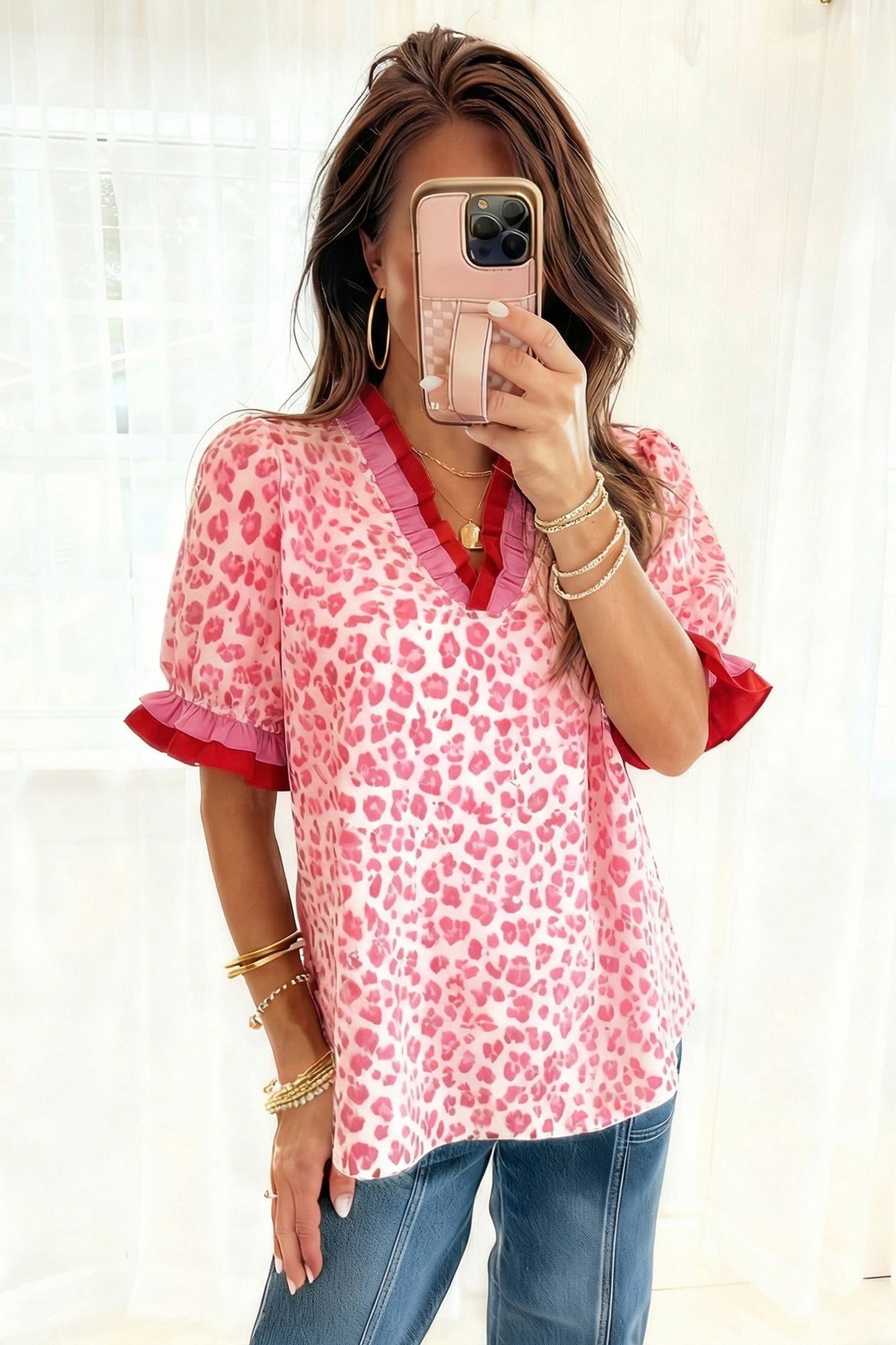 Stripe Ruffled Trim V Neck Leopard Print Short Sleeve Blouse