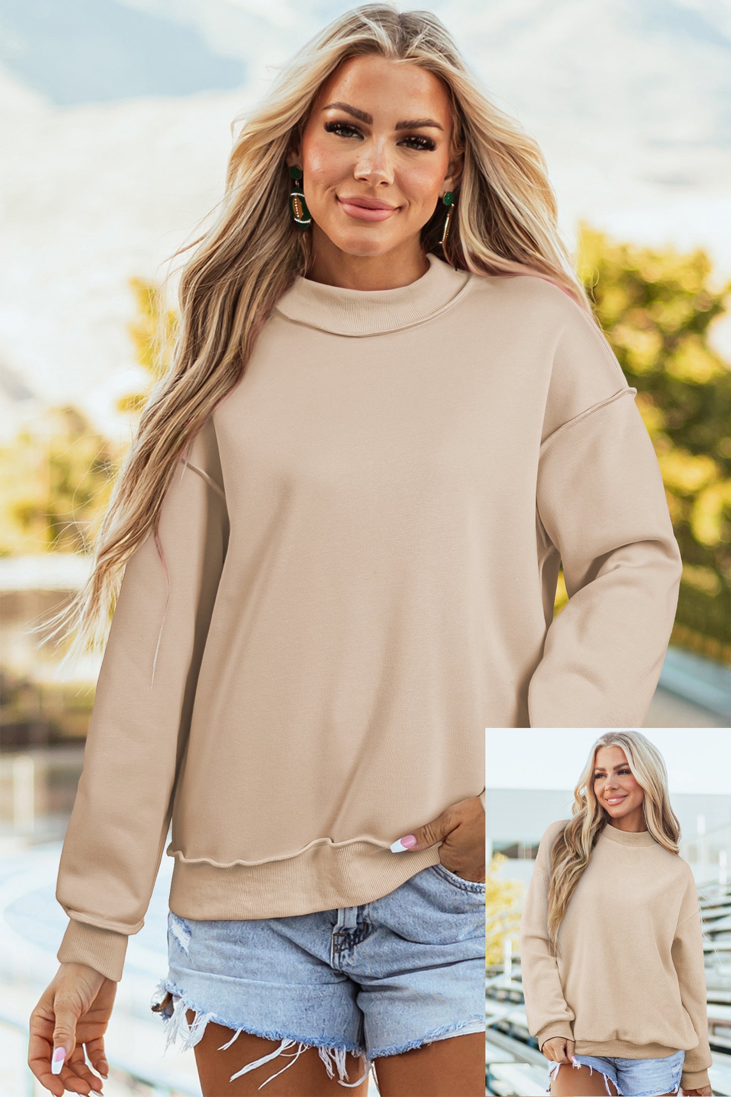 Oversize Drop Shoulder Reversible Mock Neck Sweatshirt