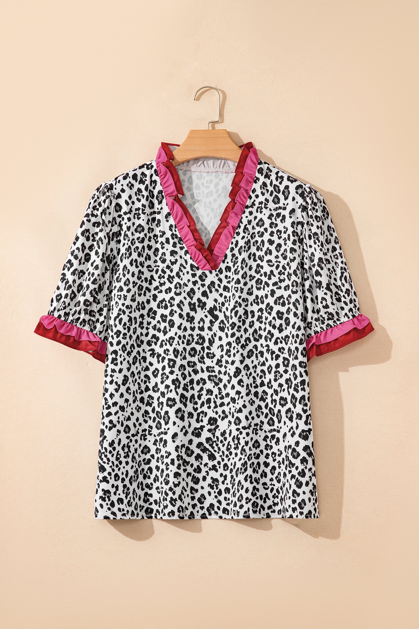 Stripe Ruffled Trim V Neck Leopard Print Short Sleeve Blouse