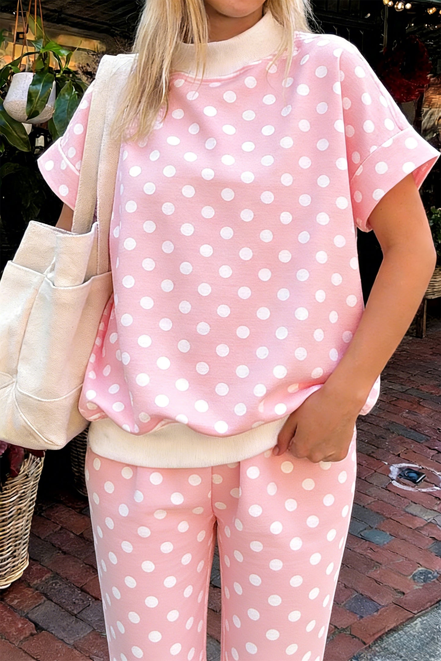 Polka Dot Print Mock Neck Short Sleeve Top Shift Pant Set