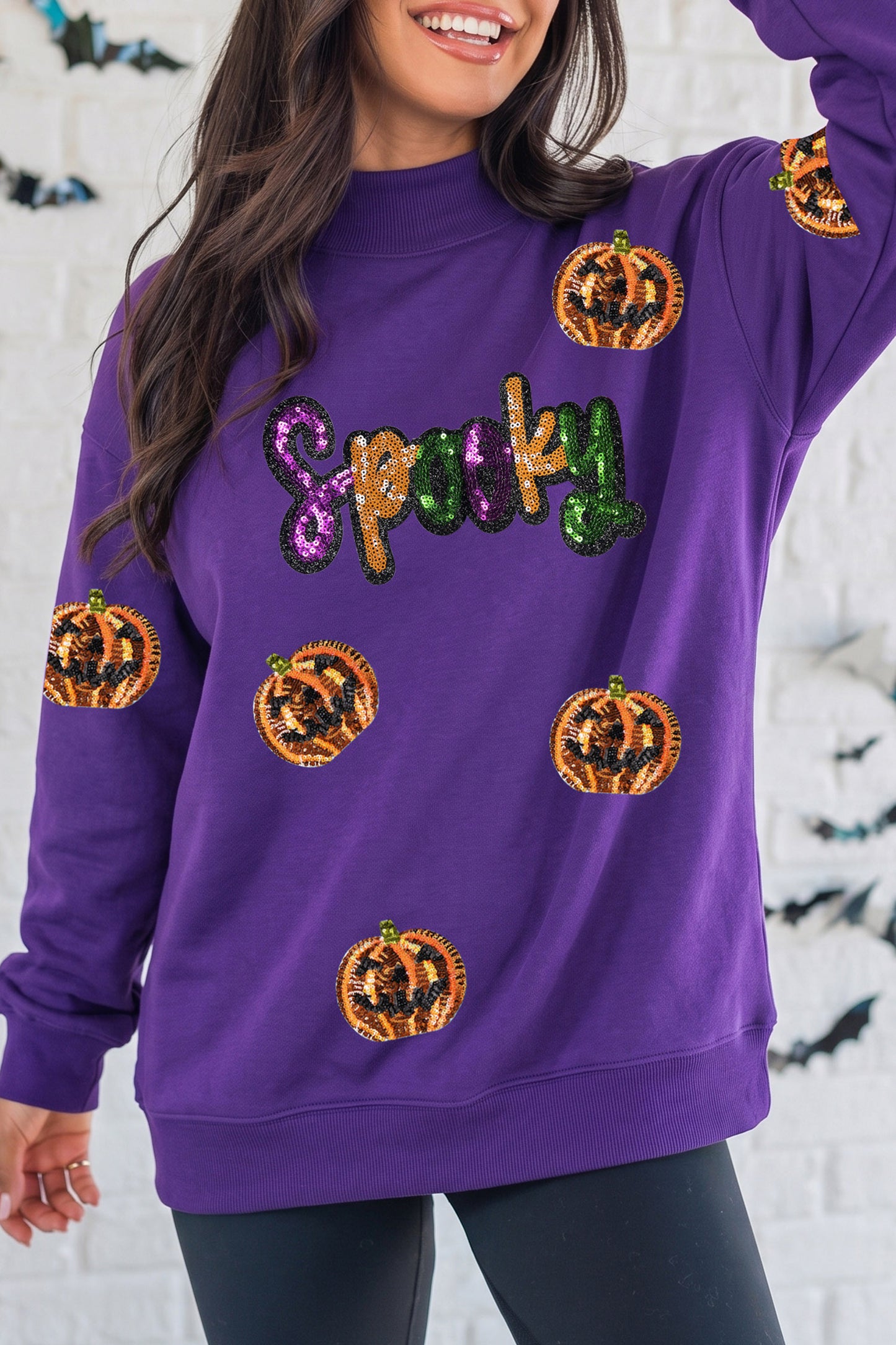 Sequin Pumpkin Spooky Graphic Halloween Pullover Sweatshirt