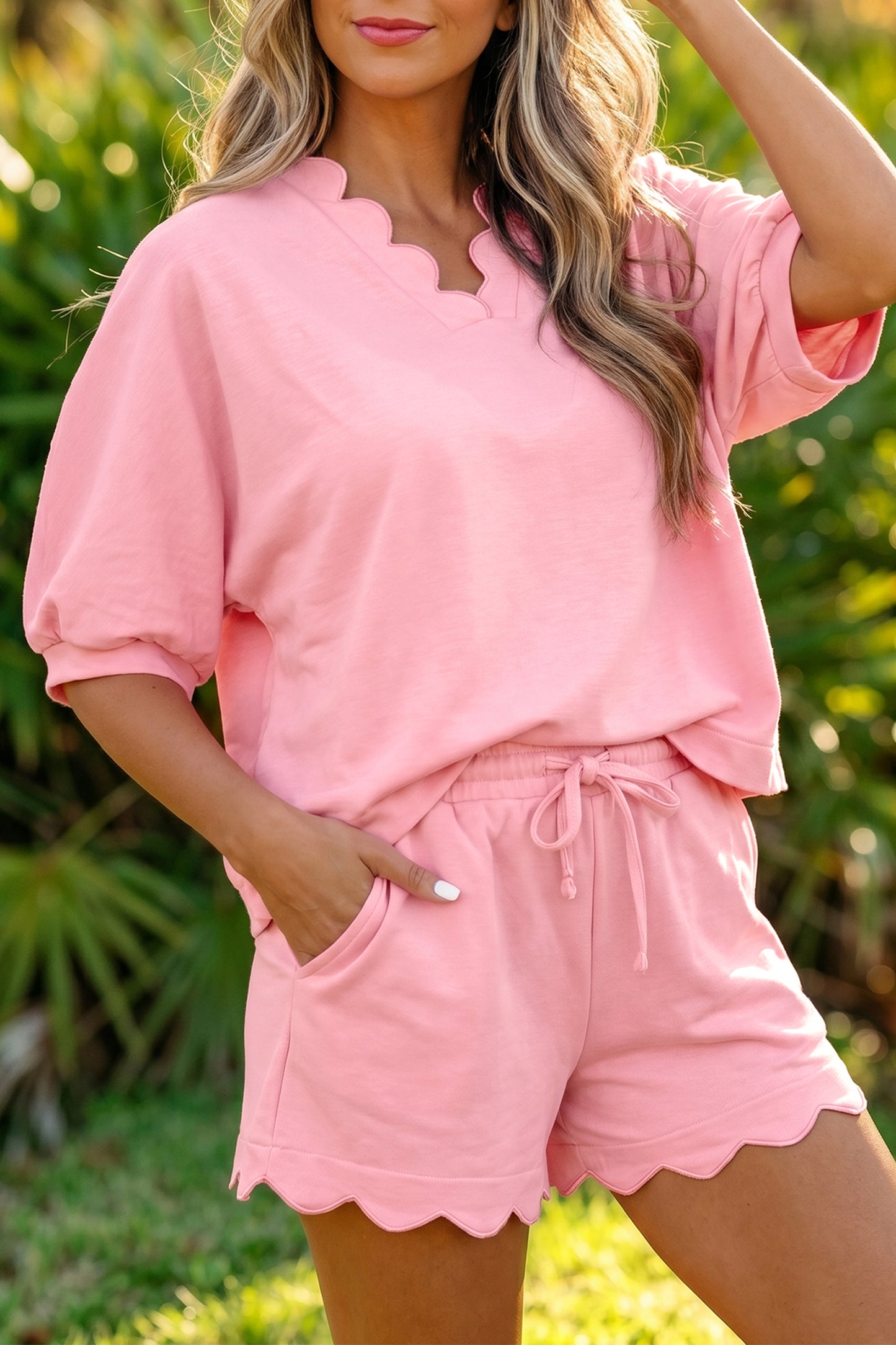Scalloped V Neck Dolman Oversize Top Drawstring Short Set