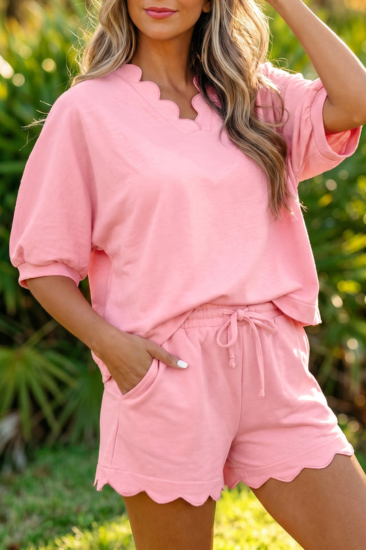 Scalloped V Neck Dolman Oversize Top Drawstring Short Set