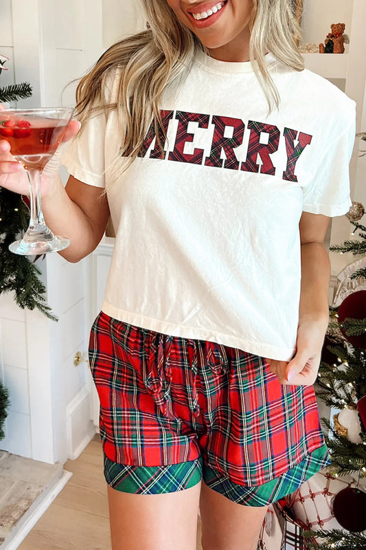 Plaid Letter Print Short Sleeve Top Elastic Waist Pocket Shorts Lounge Set