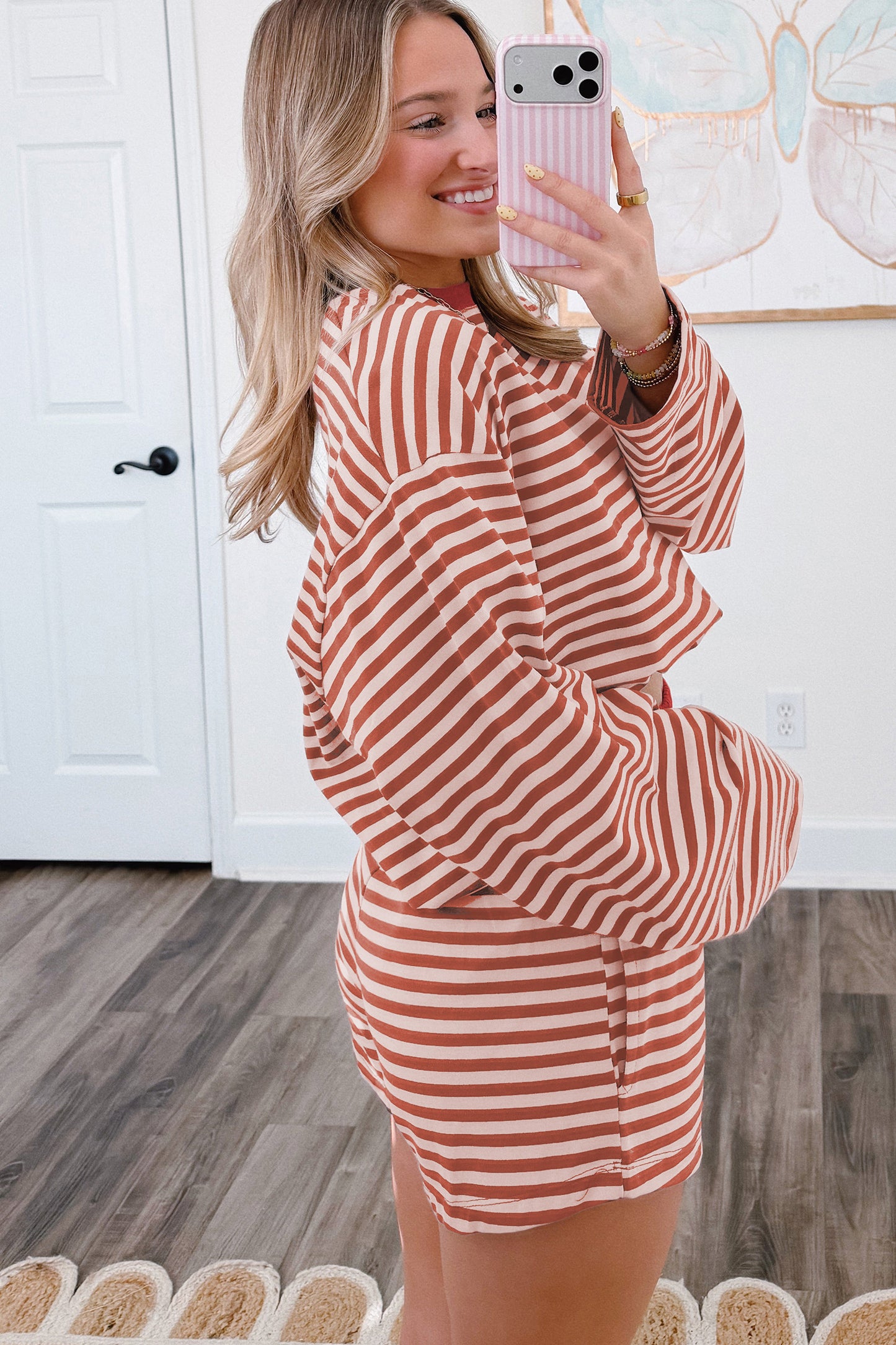 Stripe Relaxed Long Sleeve Top Contrast Elastic Waistband Short Set