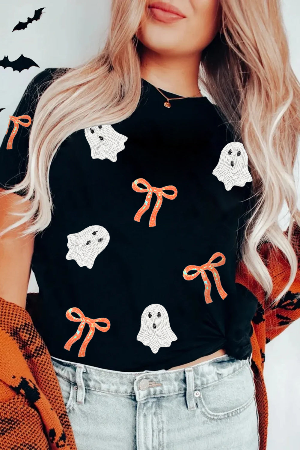 Sequin Bow Ghost Patched Halloween Graphic Tee