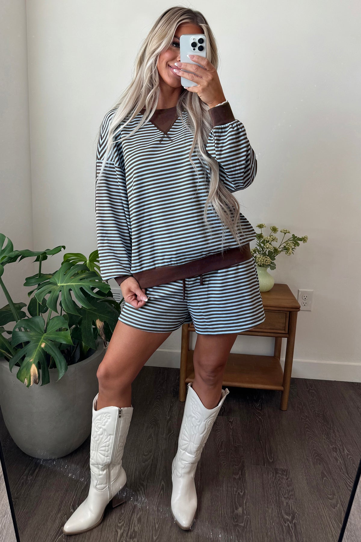 Stripe Oversized Long Sleeve Top Drawstring Loose Shorts 2pcs Set