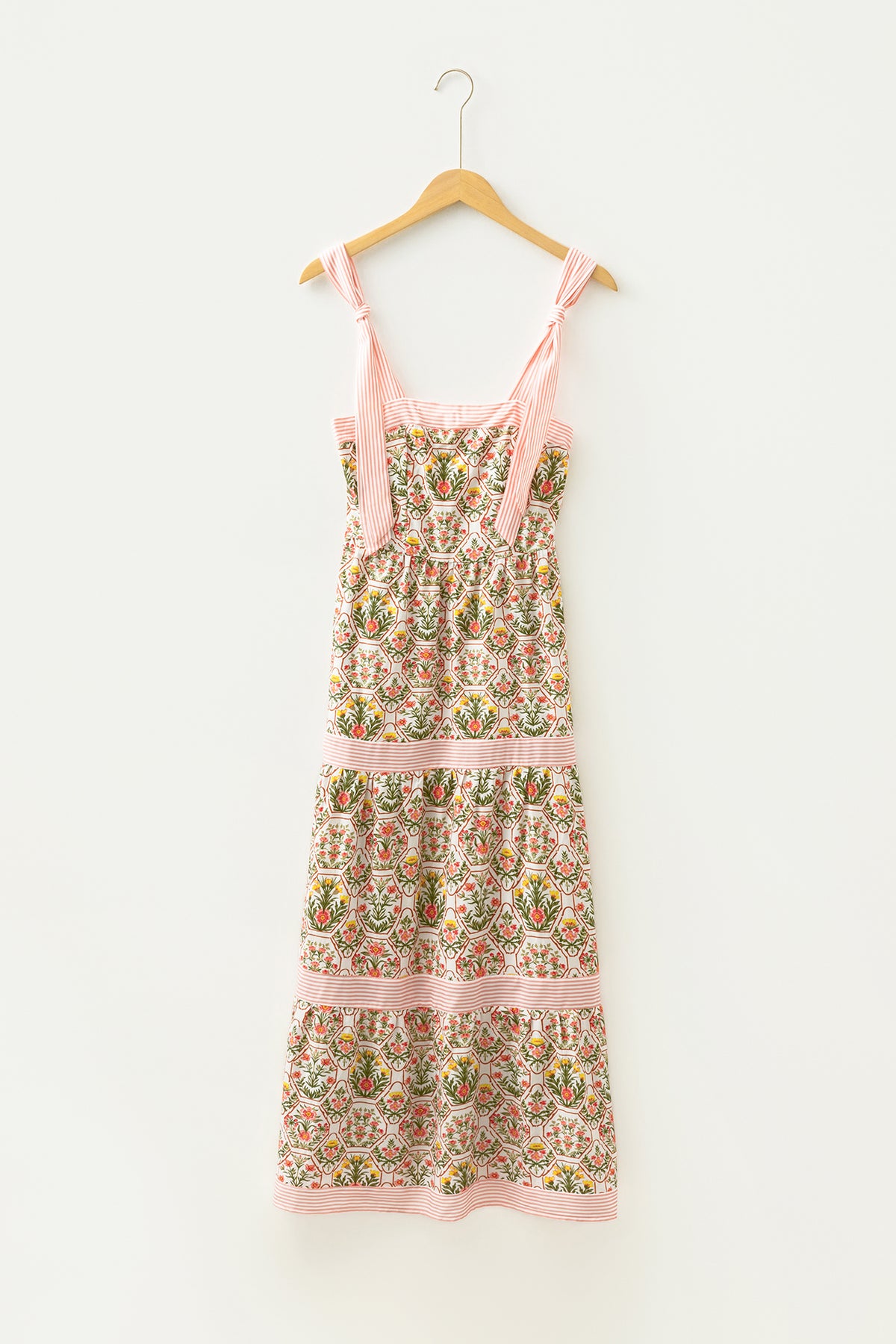 Geometric Floral Print Striped Patchwork Detail Sleeveless Dress（Runs Small ）