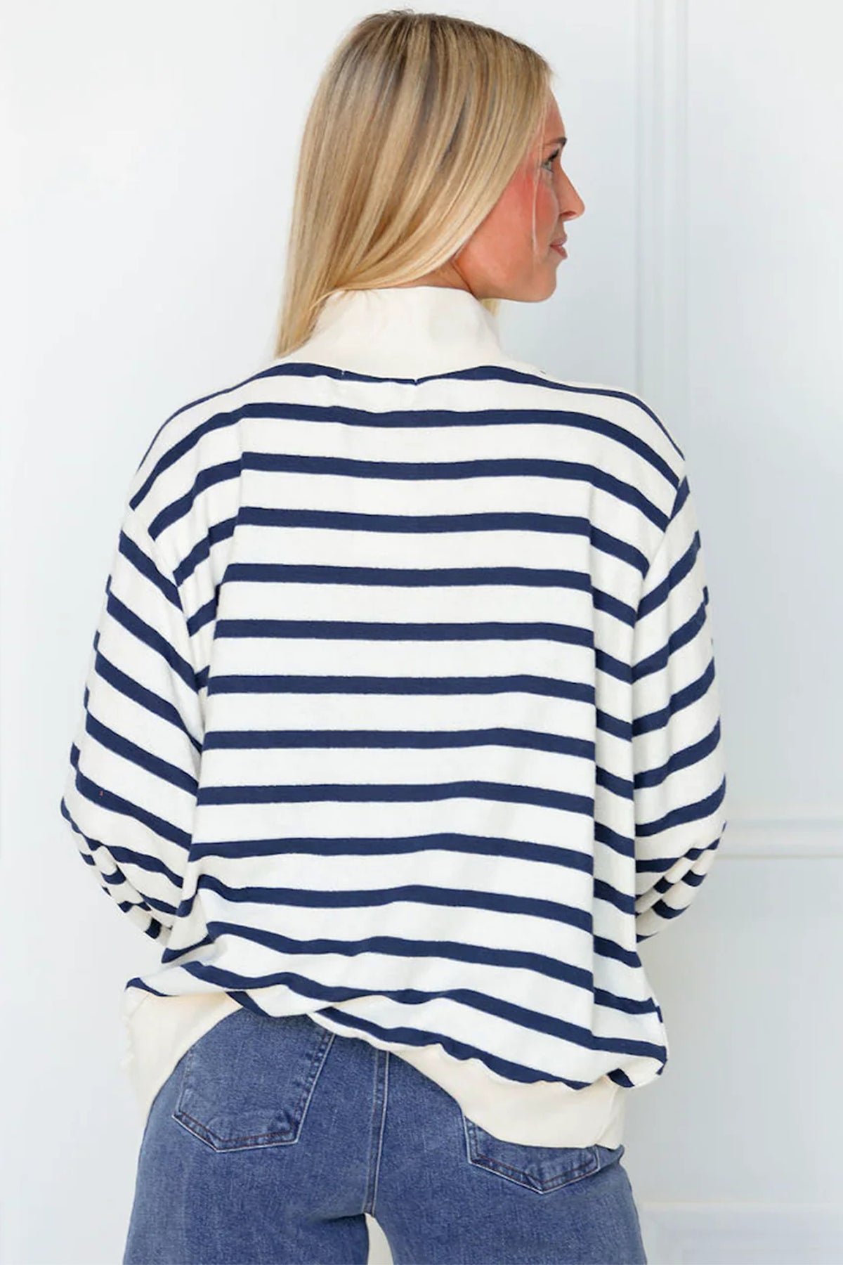 Stripe Striped Stand Neck Long Sleeve Ribbed Cuff Hem Sweatshirt