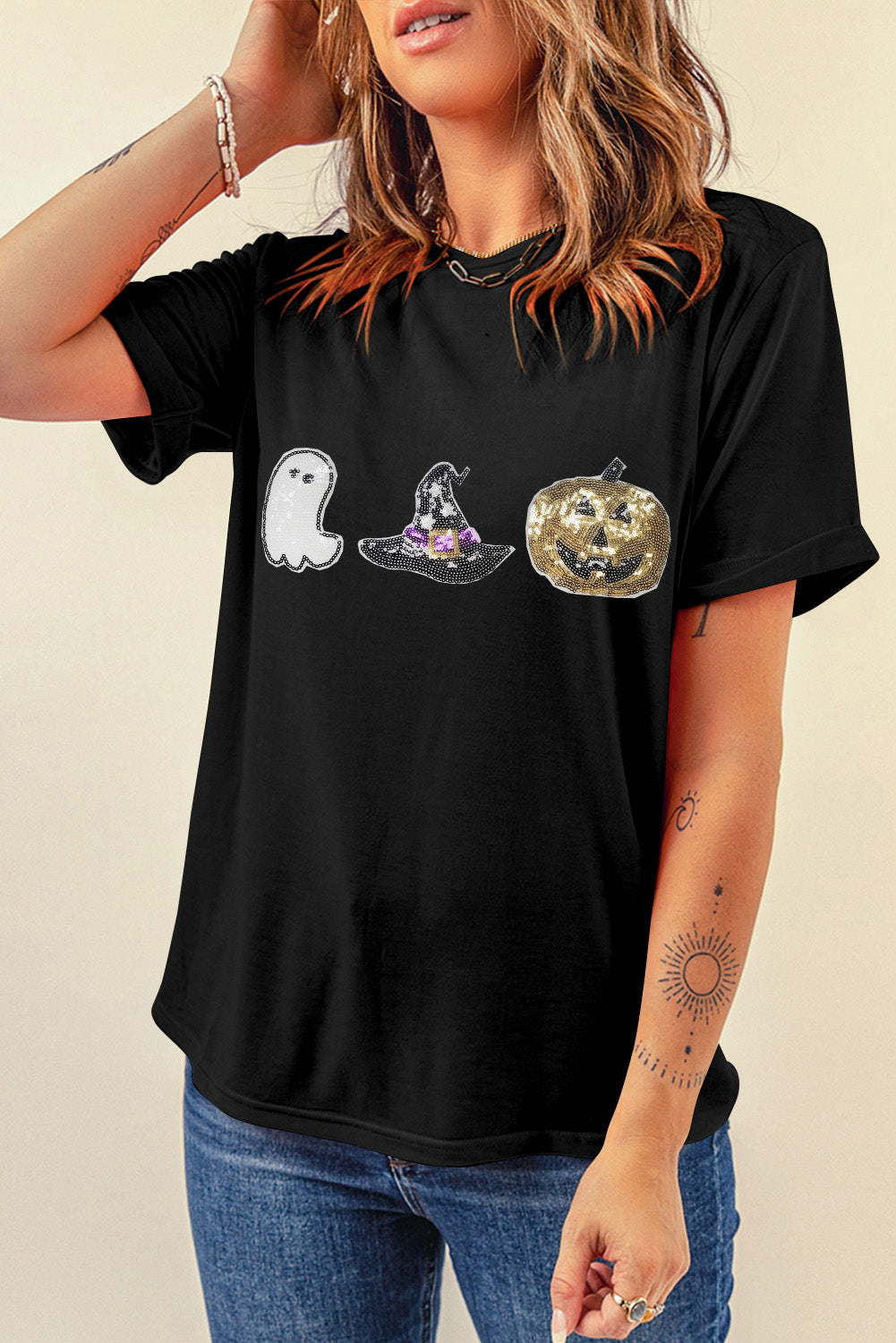 Halloween Sequin Pattern Patched Crewneck Tee