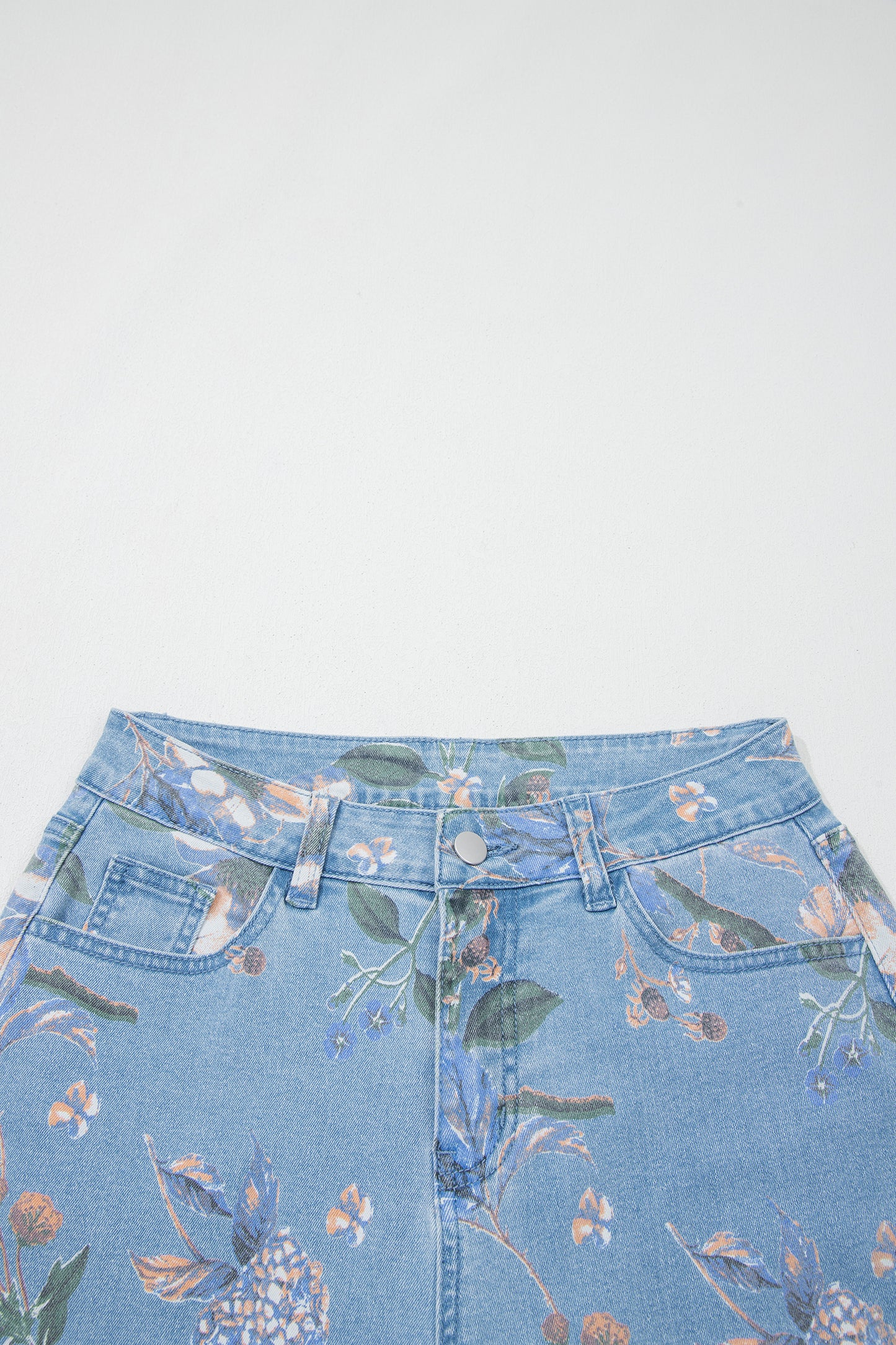 Retro Floral Print Frayed Hem Shift Jeans