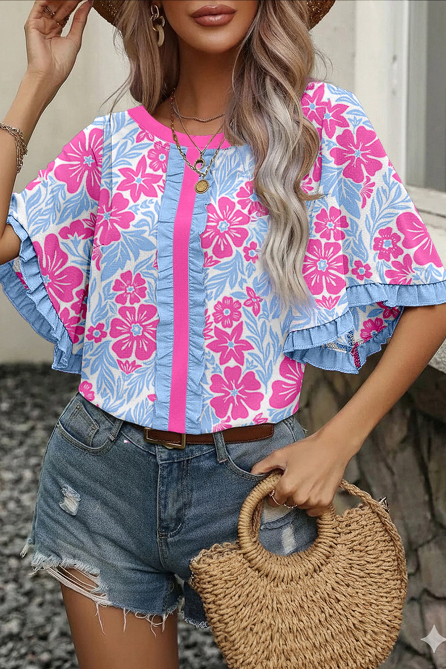 Floral Print Ruffled Color Block Trim Half Sleeve Blouse