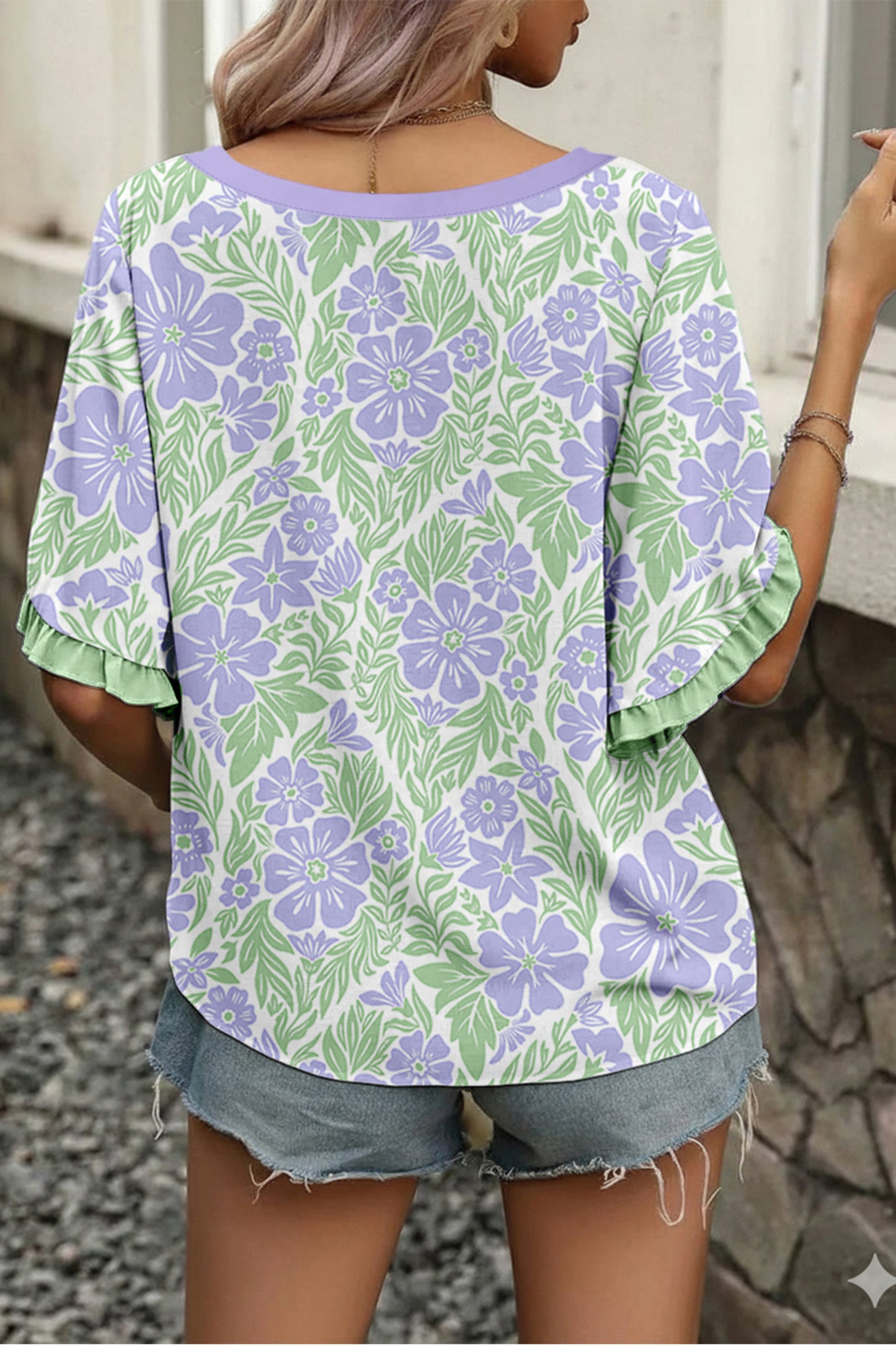 Floral Print Ruffled Color Block Trim Half Sleeve Blouse
