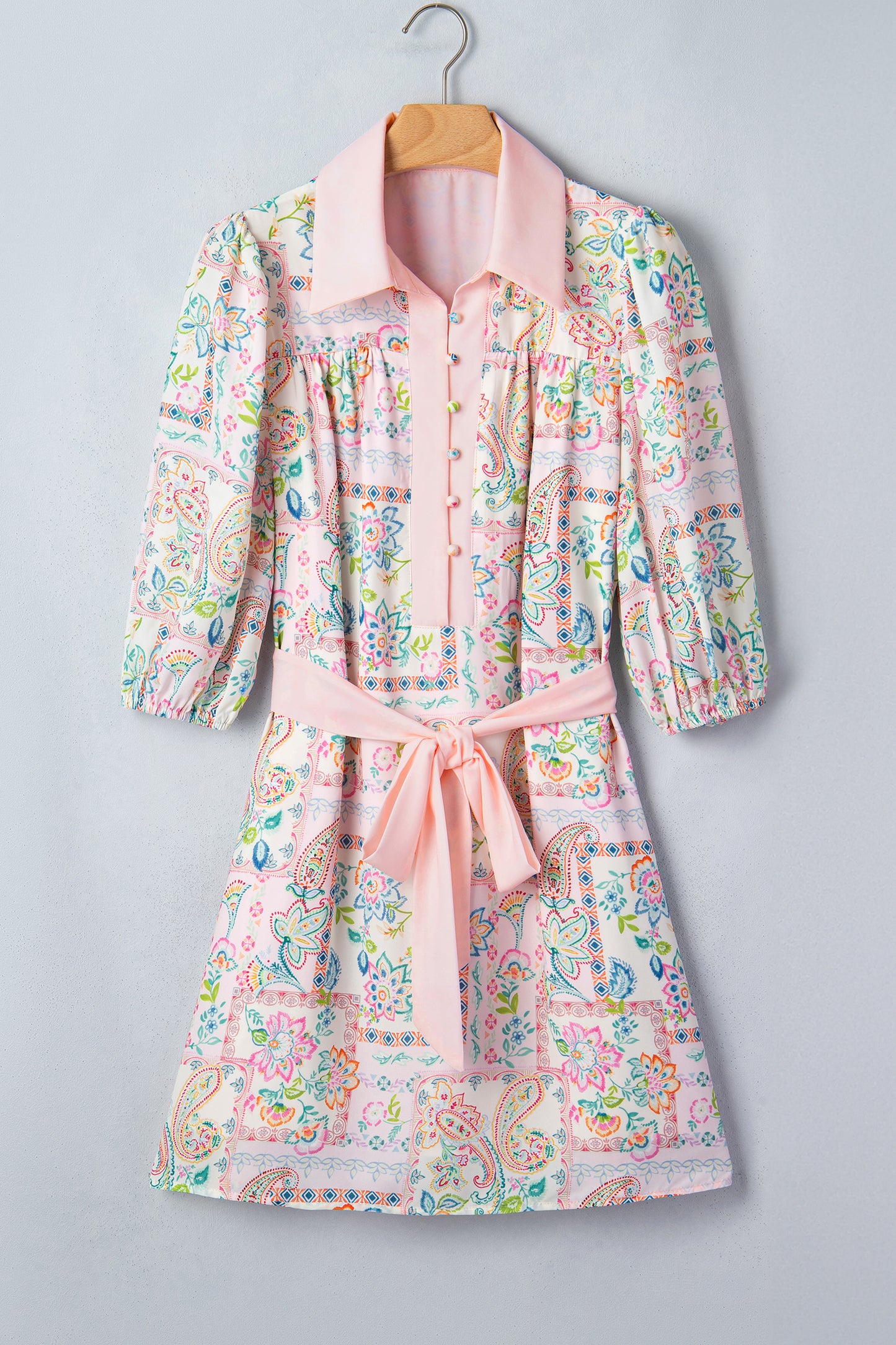 Boho Floral Print Color Block Trim Half Button Belted Mini Dress
