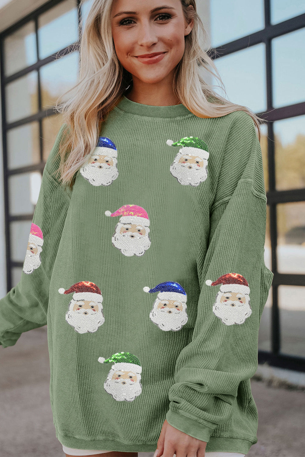 Corded Ribbed Sequin Patched Santa Claus Graphic Sweatshirt