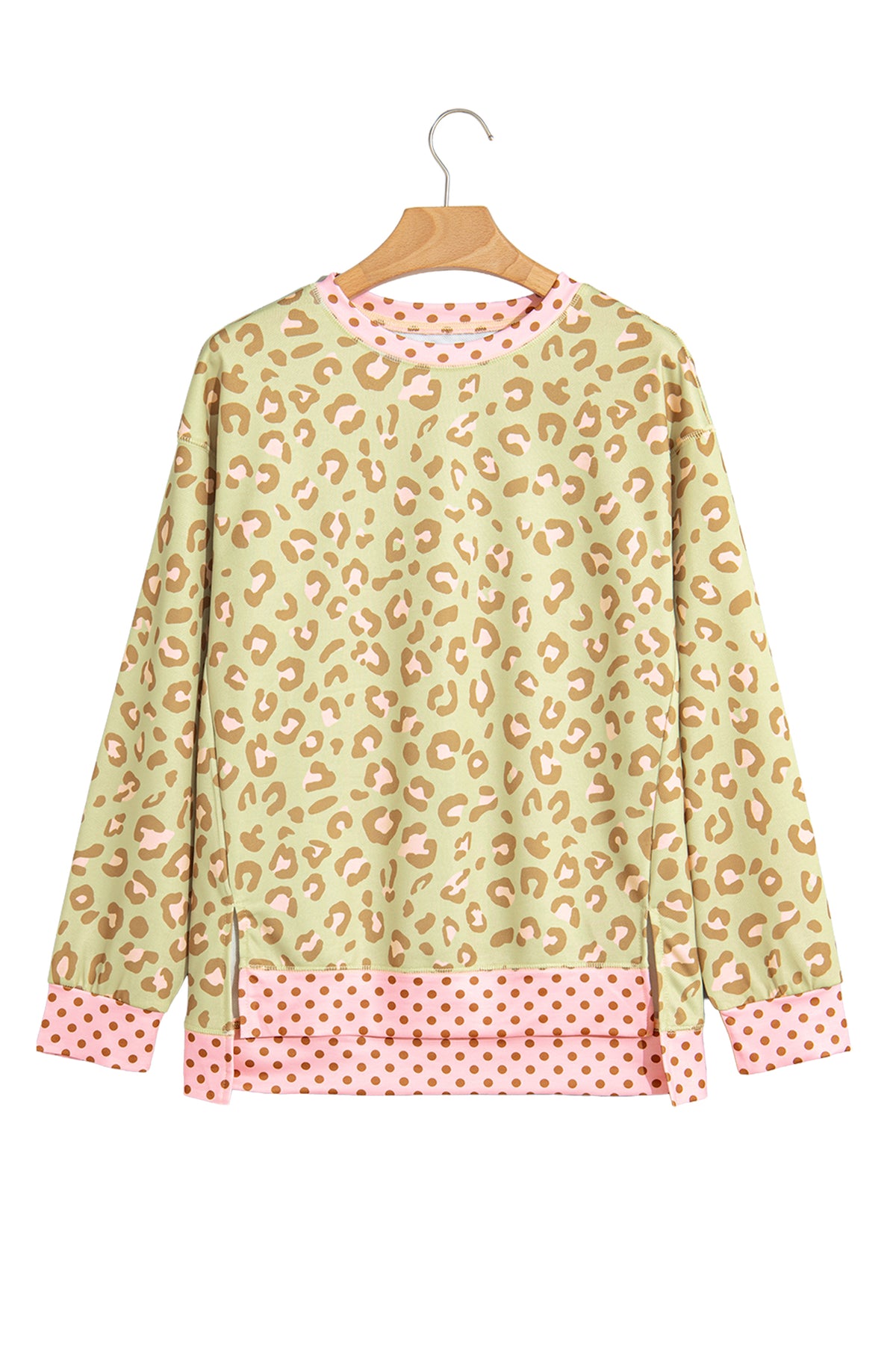 Leopard Polka Dot Colorblock Trim Long Sleeve Top