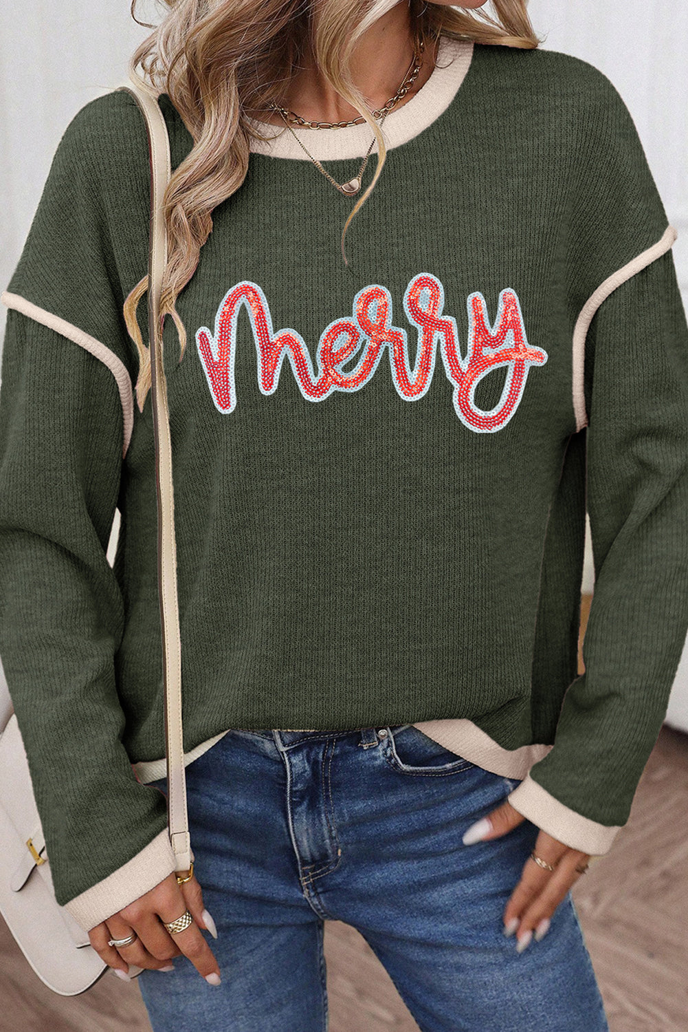 Merry Patched Graphic Contrast Trim Christmas Knitted Long Sleeve Top