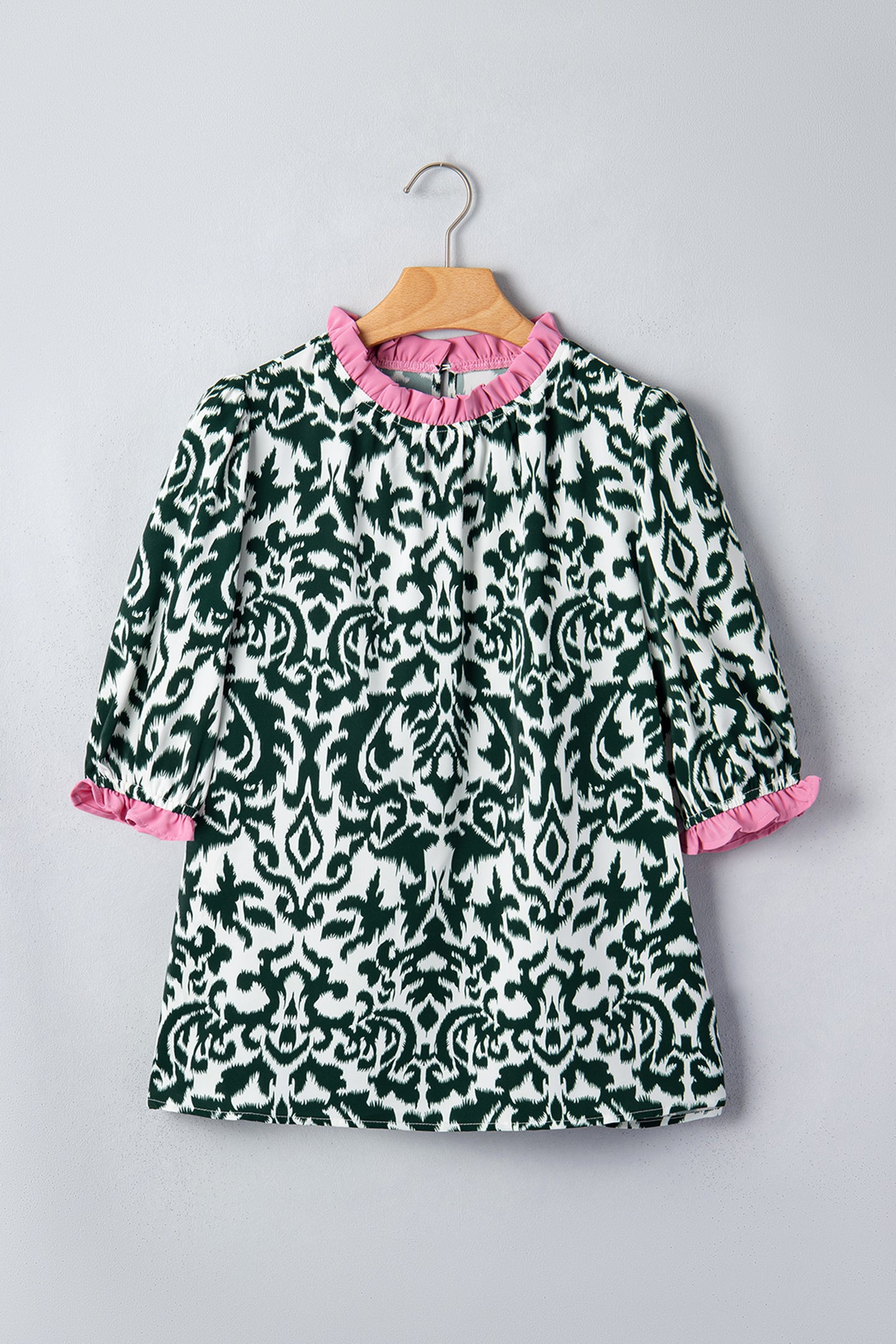 Damask Print Ruffled Color Block Detail Half Sleeve Blouse