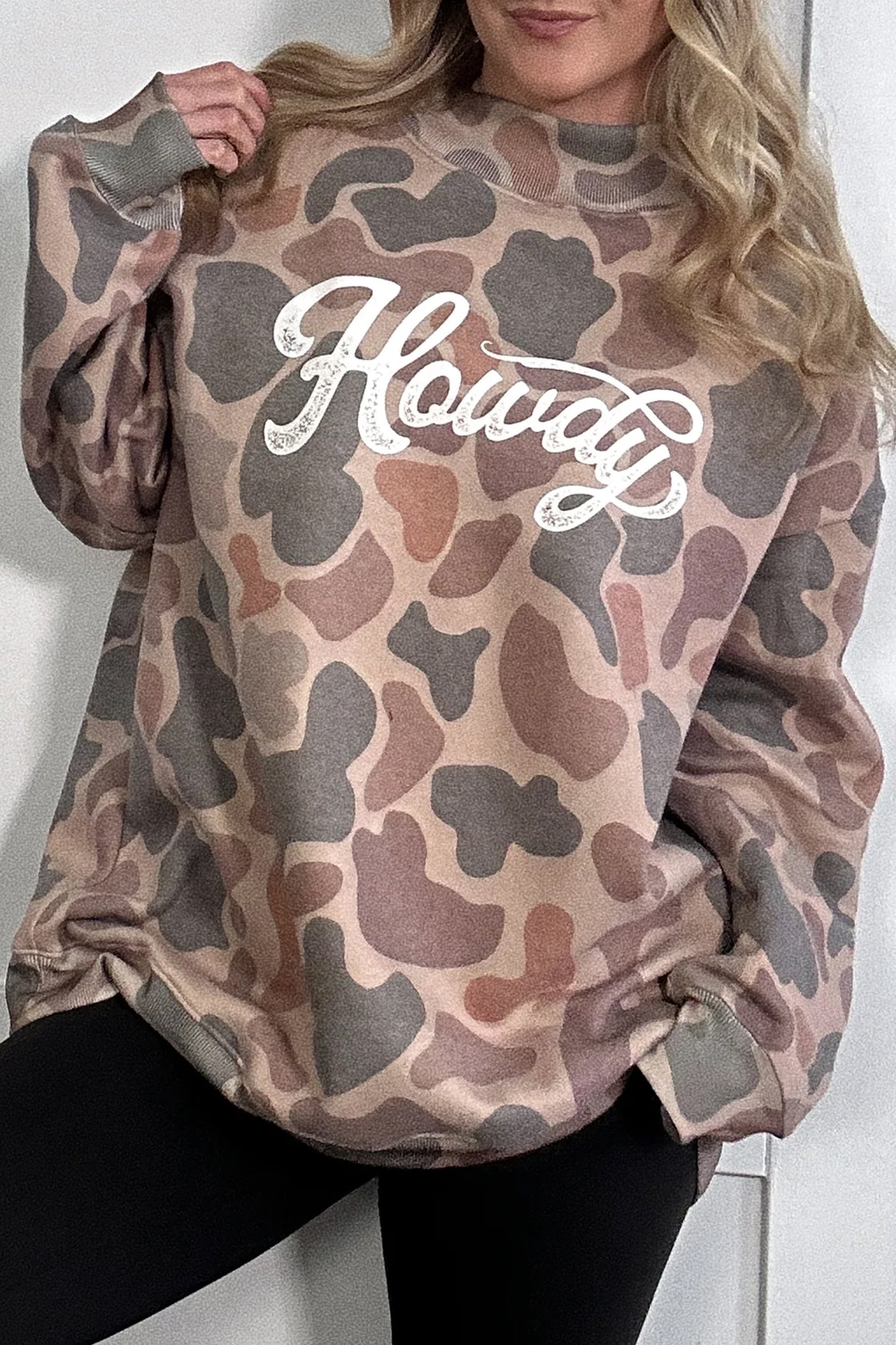 Camo Print Howdy Western Style Baggy Pullover Sweatshirt