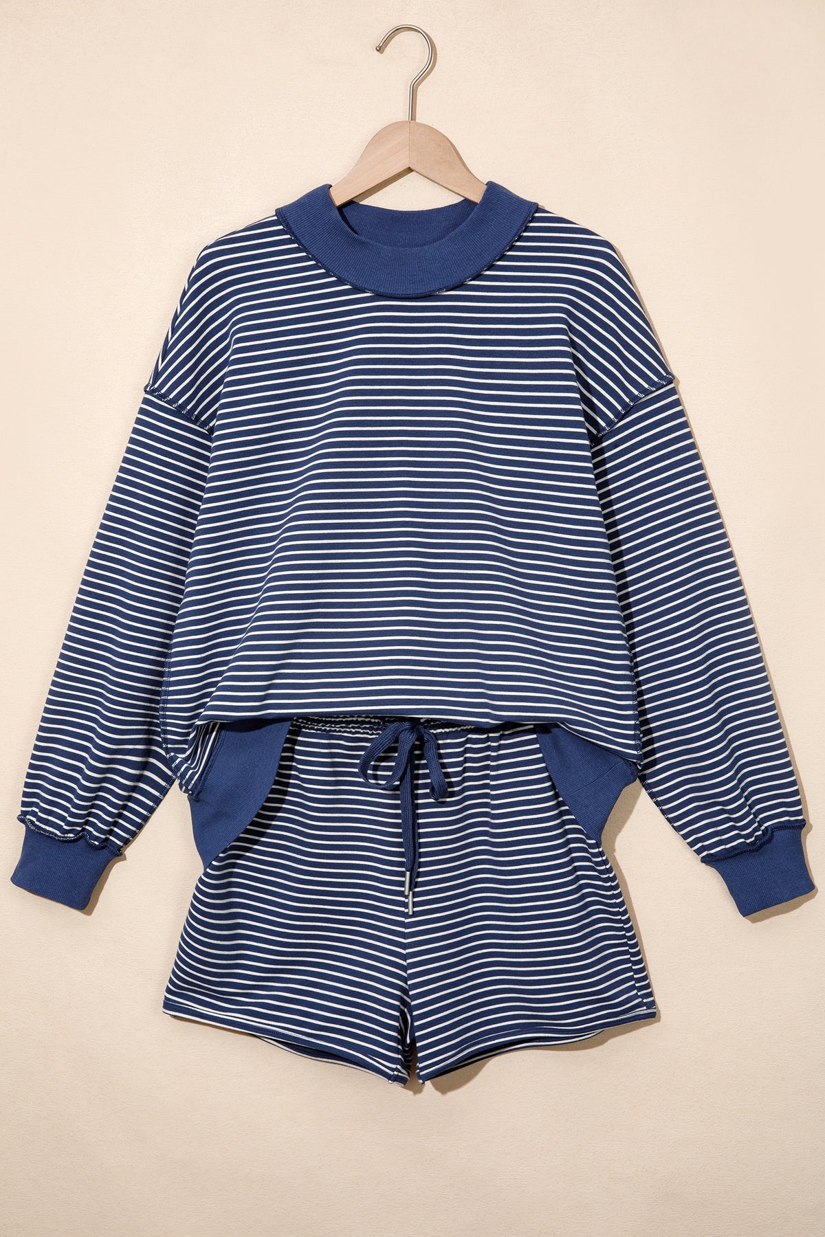 Stripe Ribbed Patchwork Mock Neck Baggy Pullover Matching Shorts Set
