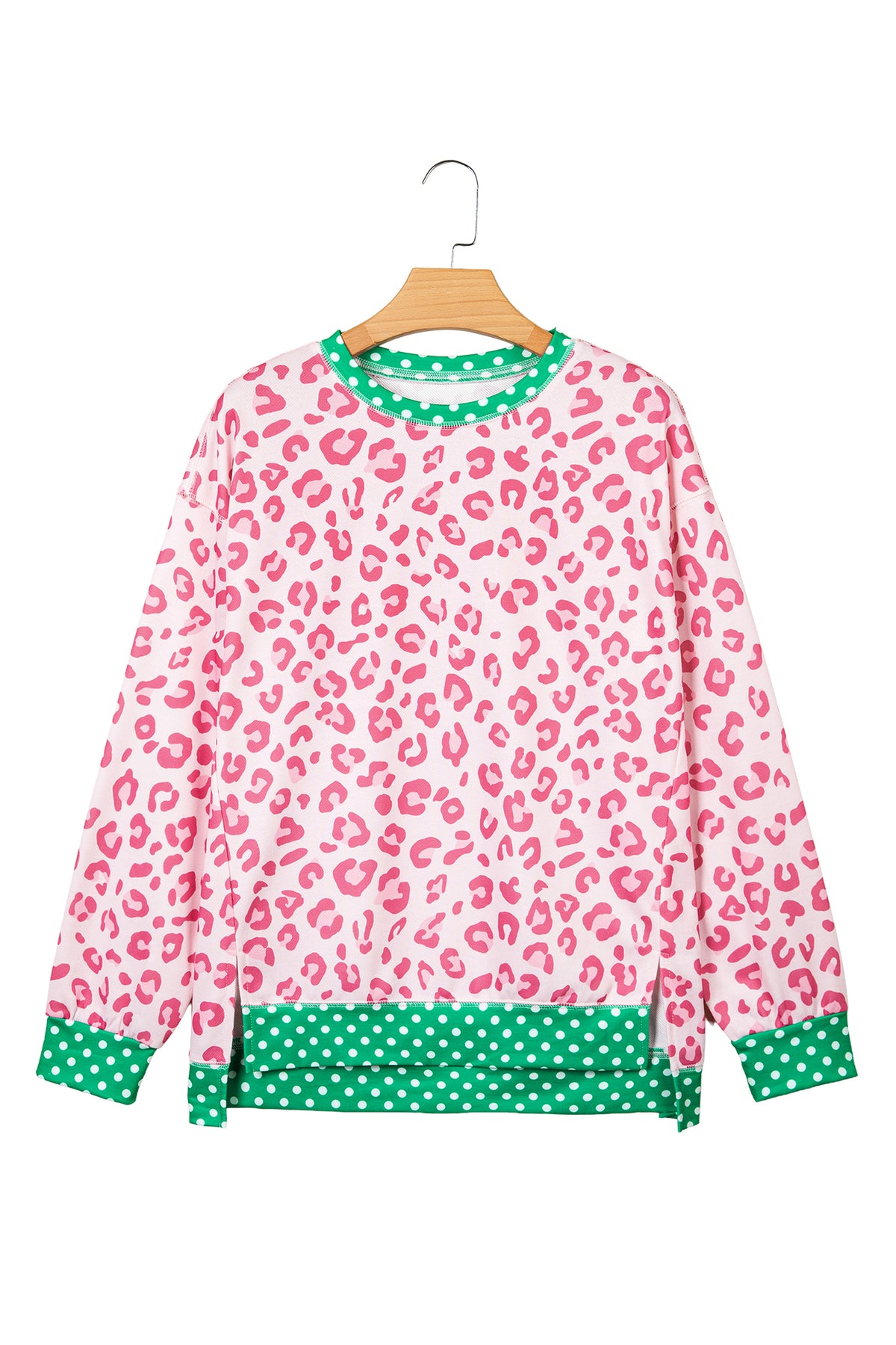 Leopard Polka Dot Colorblock Trim Long Sleeve Top