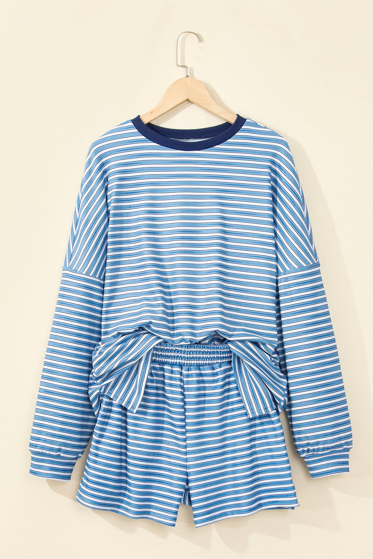 Stripe Long Sleeve Oversized Top Pocketed Casual Shorts Two Piece Set