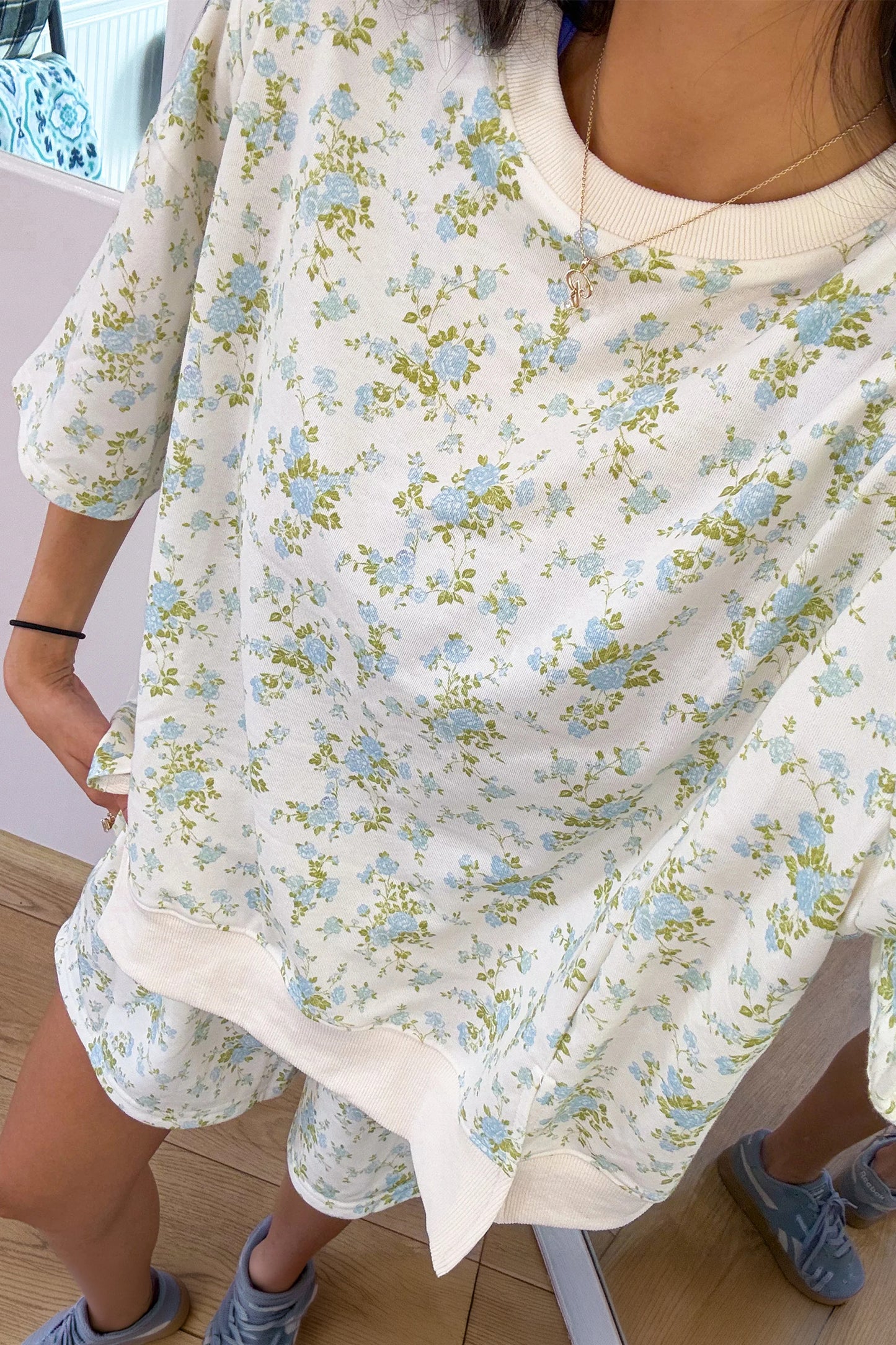 Floral Print Short Sleeve Elastic Waist Pocket Two Piece Set