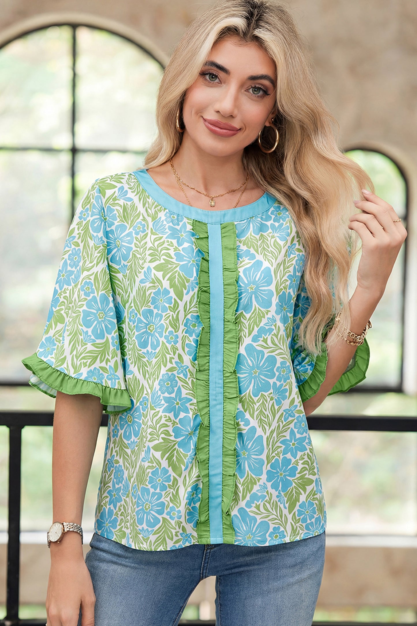 Floral Print Ruffled Color Block Trim Half Sleeve Blouse
