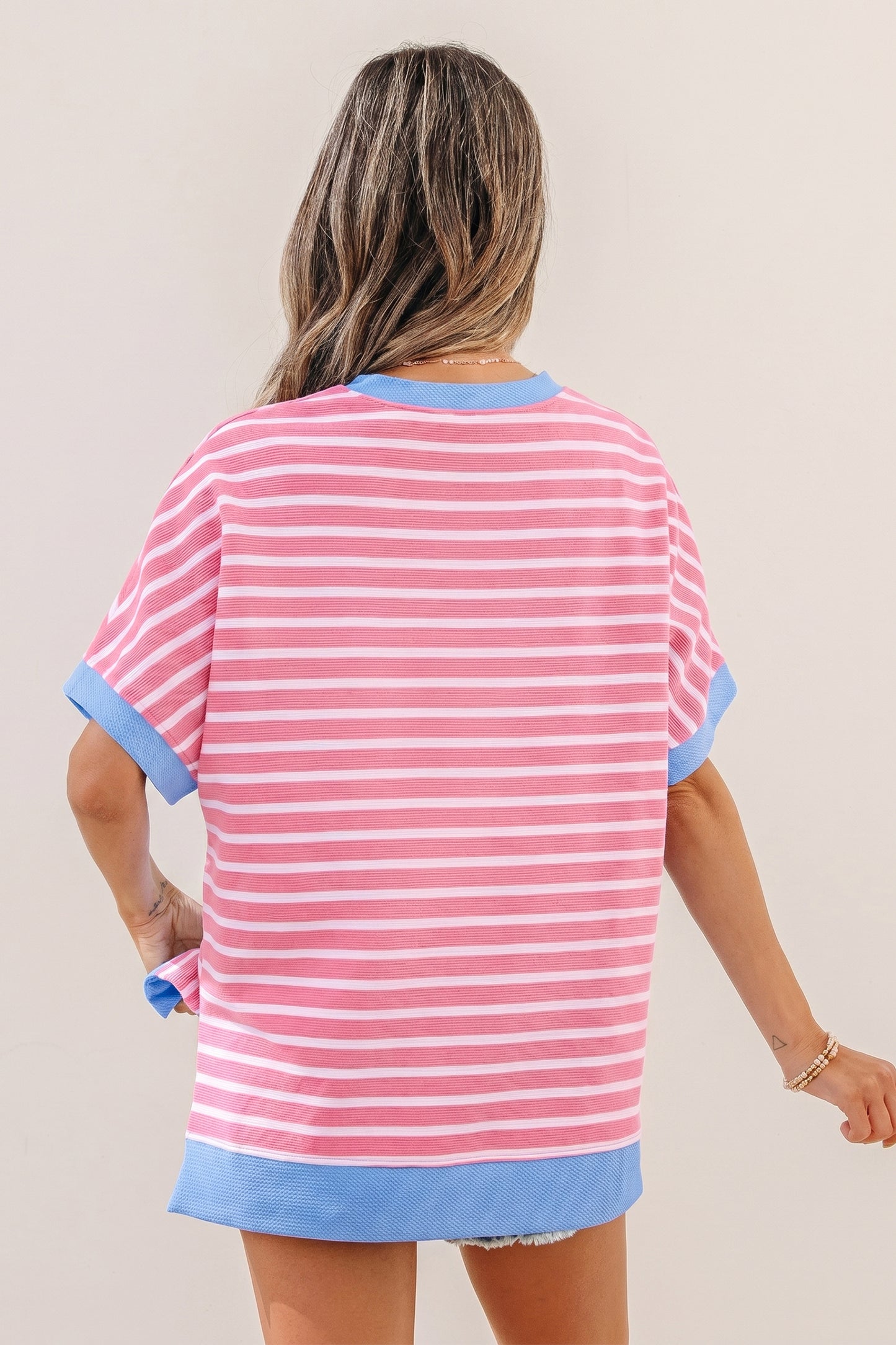 Stripe Contrast Trim Loose Short Sleeve Top