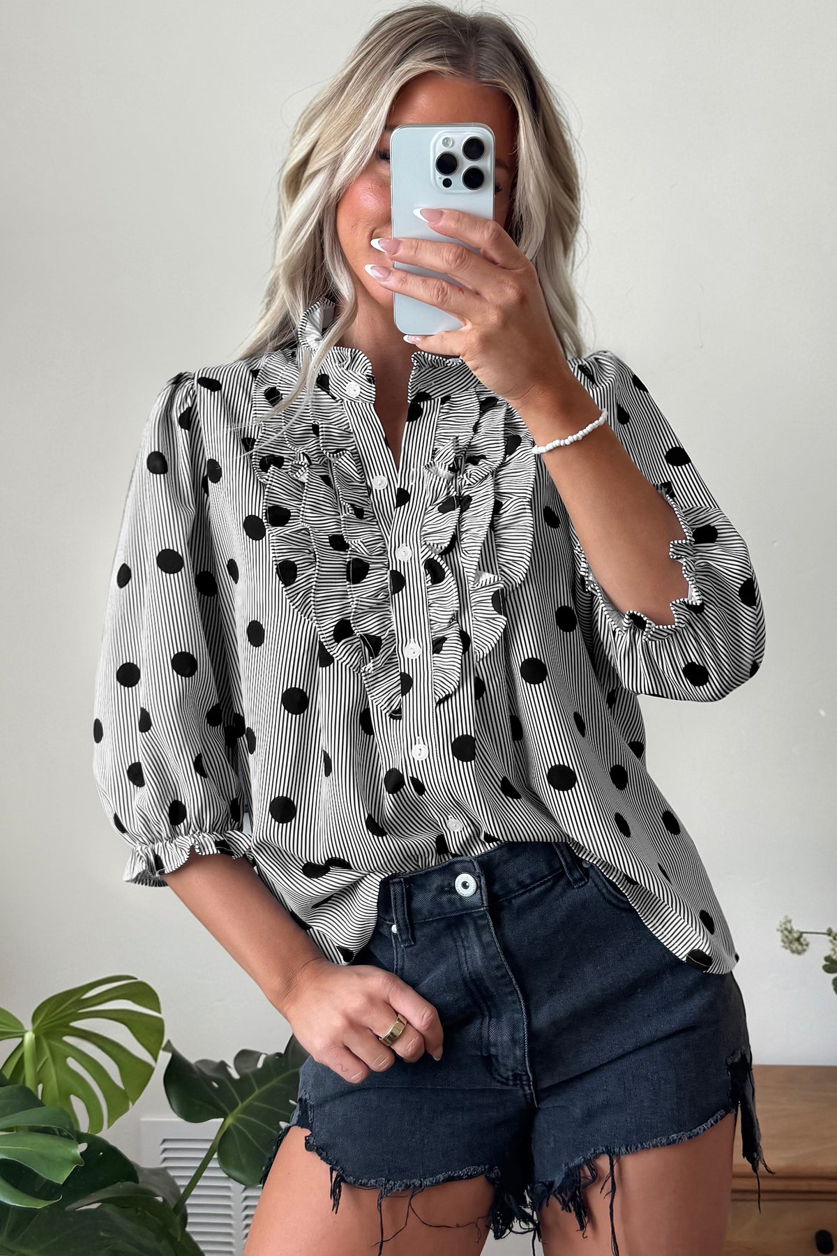 Polka Dot Striped Print Ruffle Stand Neck 3/4 Sleeve Shift Shirt