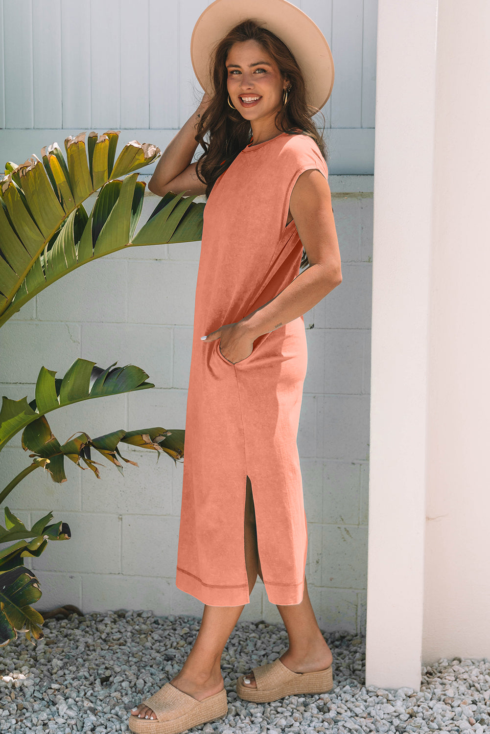 Mineral Wash Pocketed T-shirt Long Dress - Wisteria