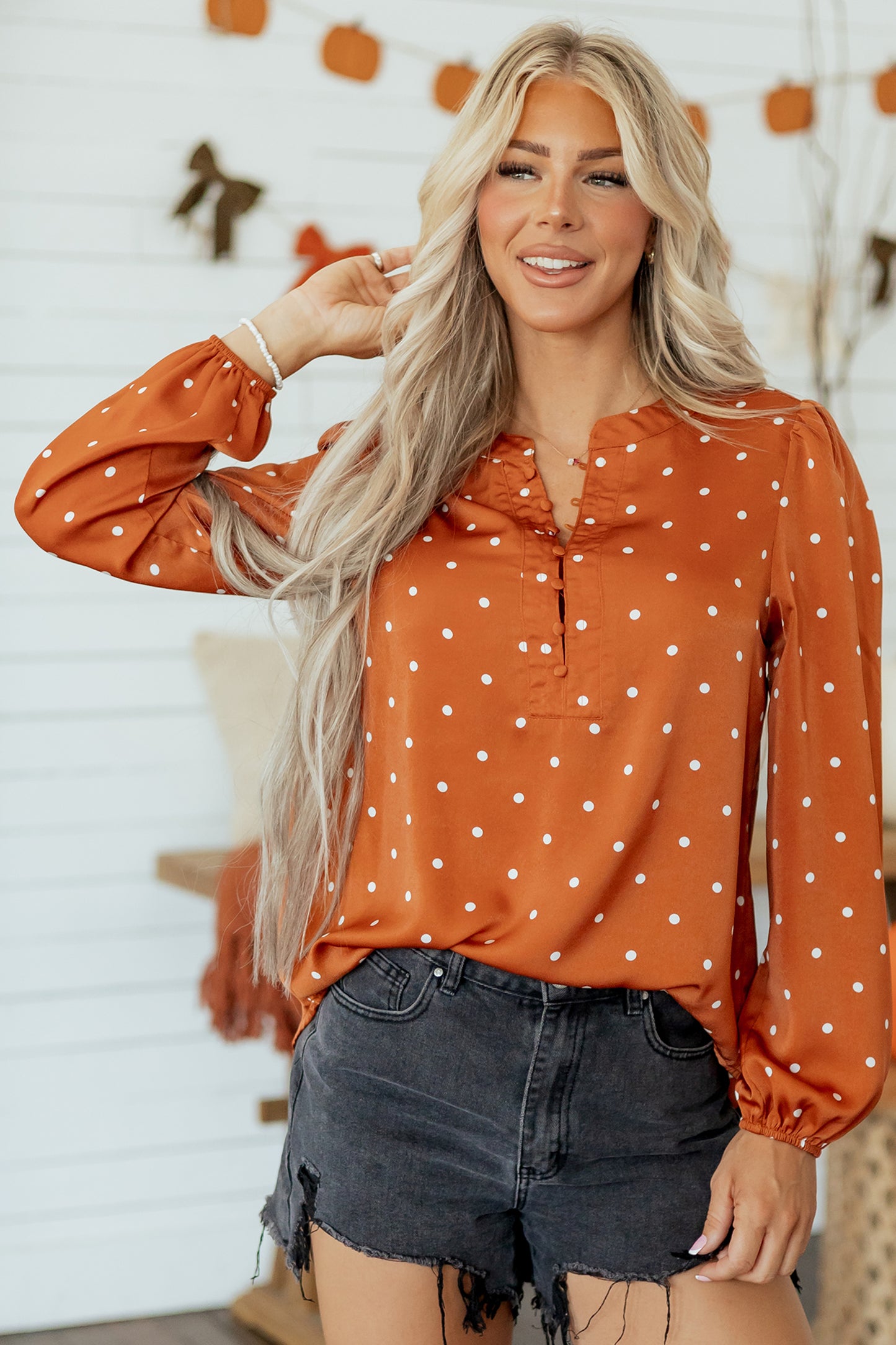 Polka Dot Half Button V Neck Long Sleeve Blouse