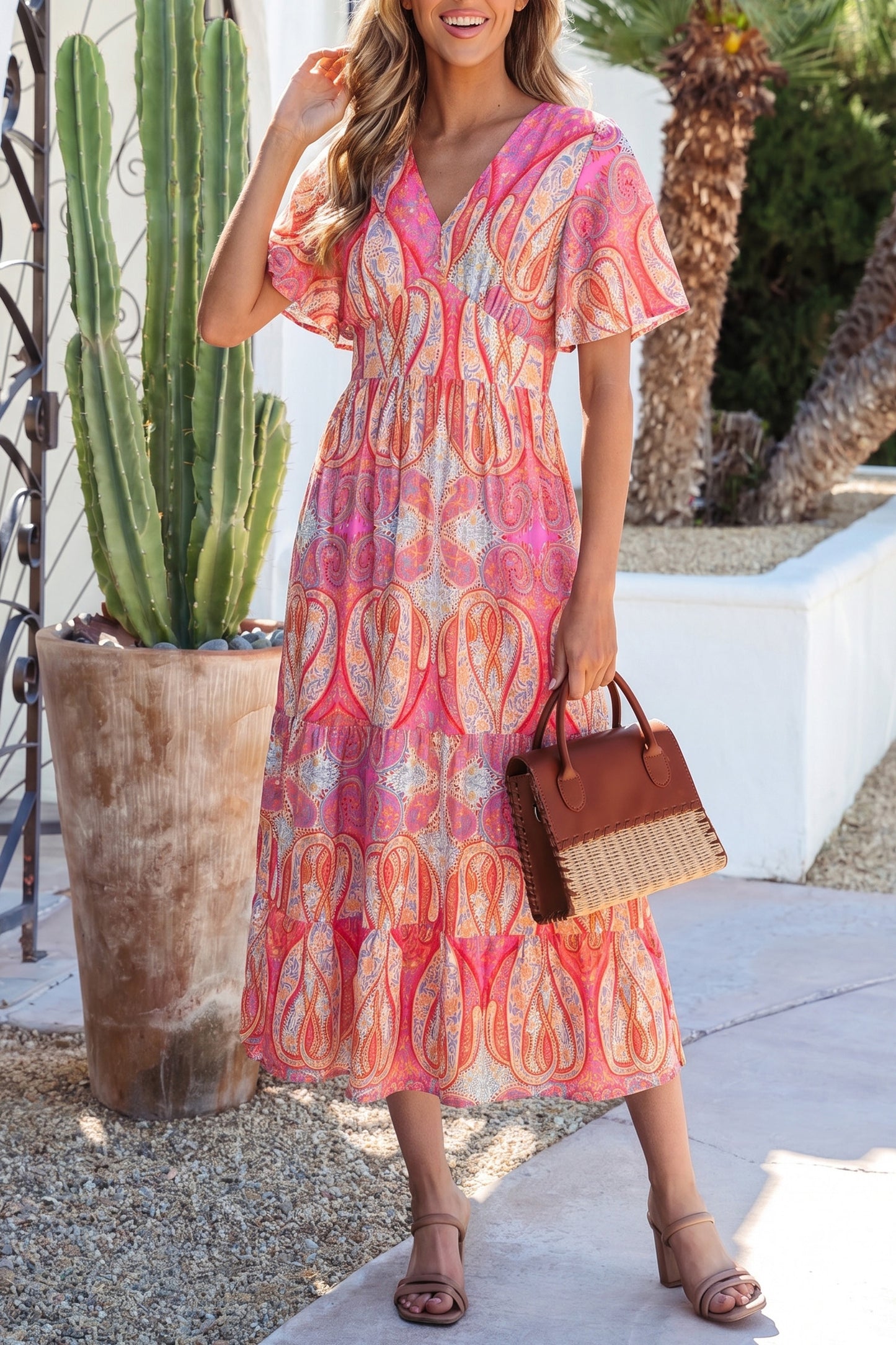 Paisley Print V-Neck Short Sleeve Boho Maxi Dress with Ruffle Details