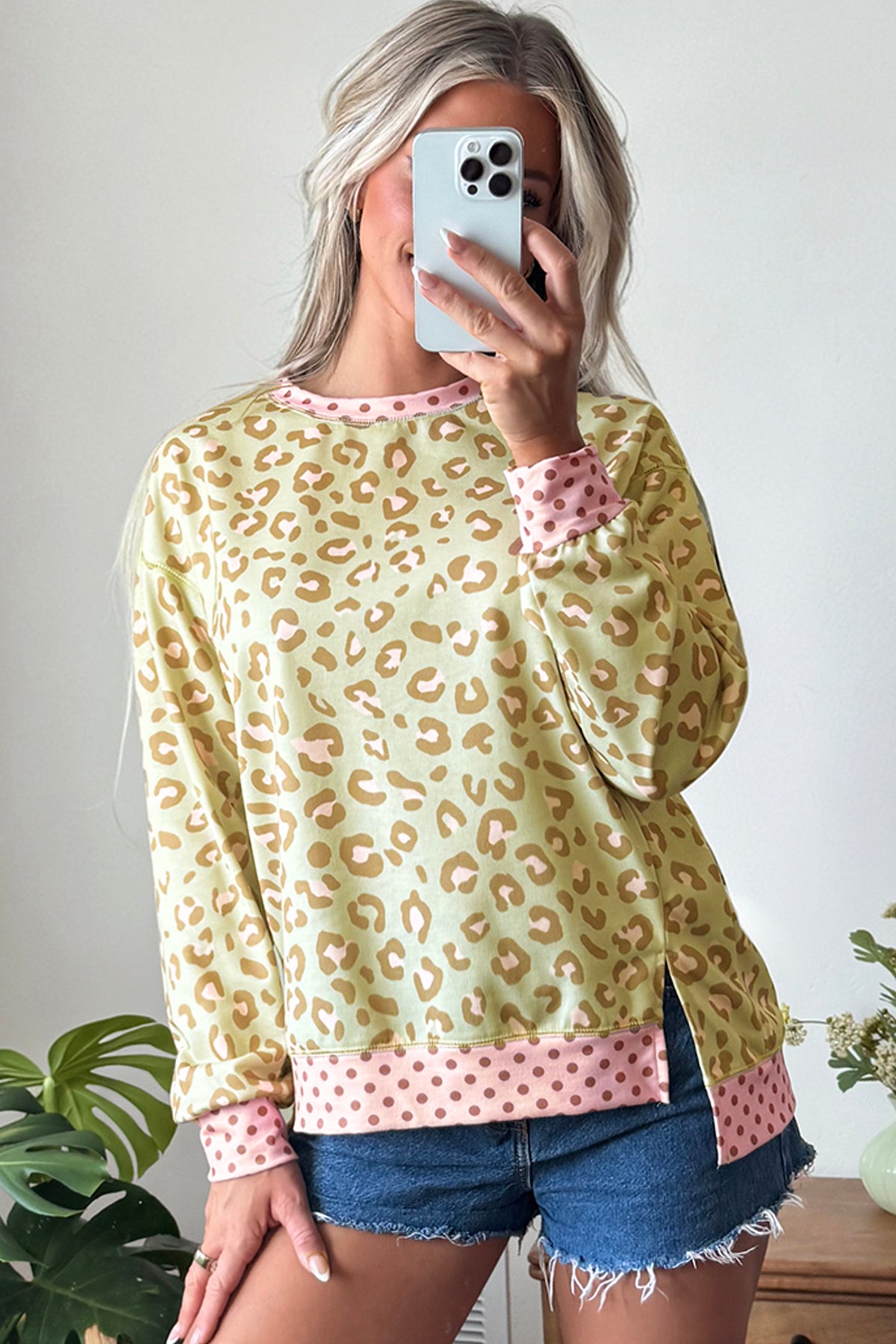 Leopard Polka Dot Colorblock Trim Long Sleeve Top