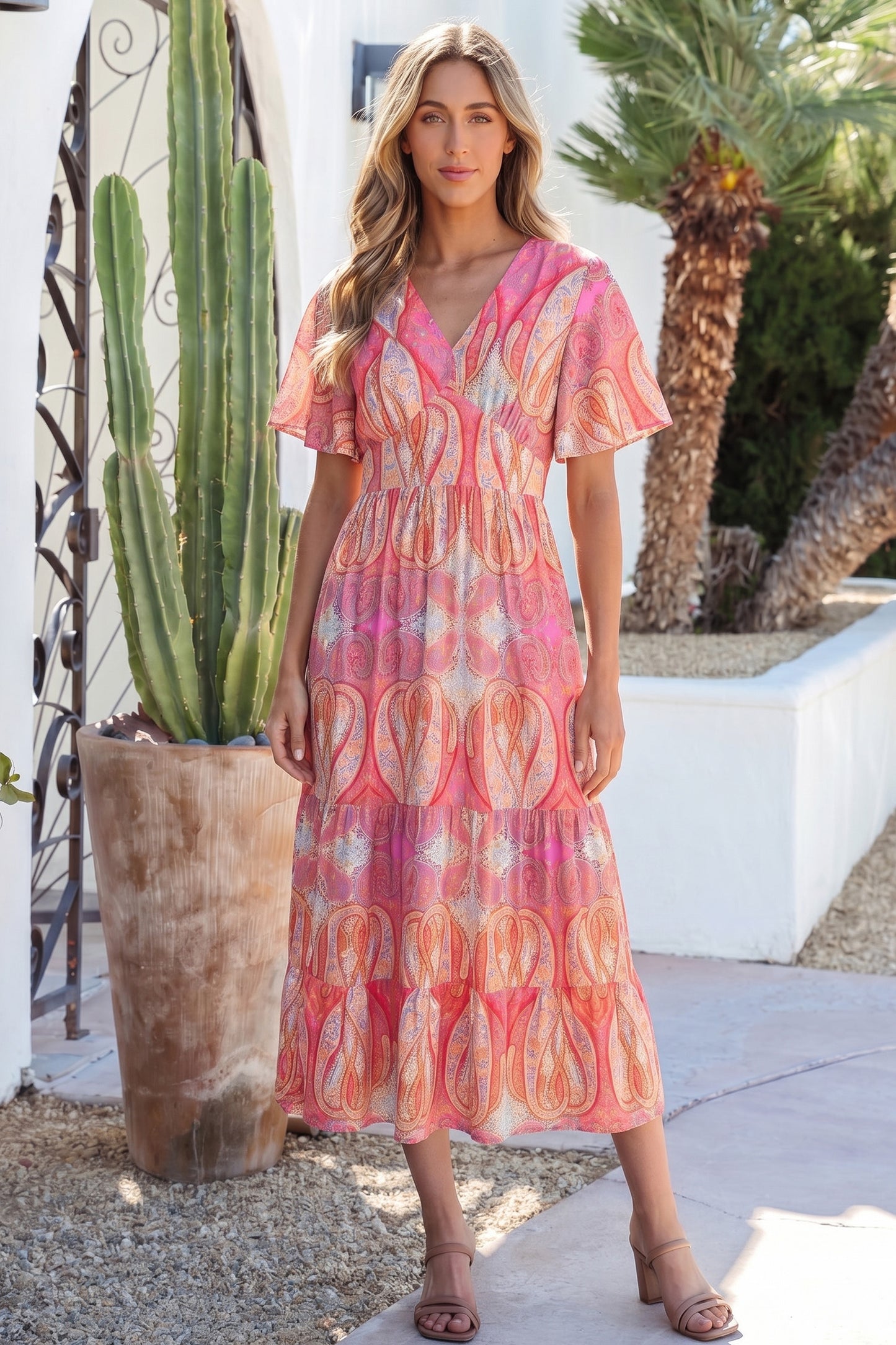 Paisley Print V-Neck Short Sleeve Boho Maxi Dress with Ruffle Details