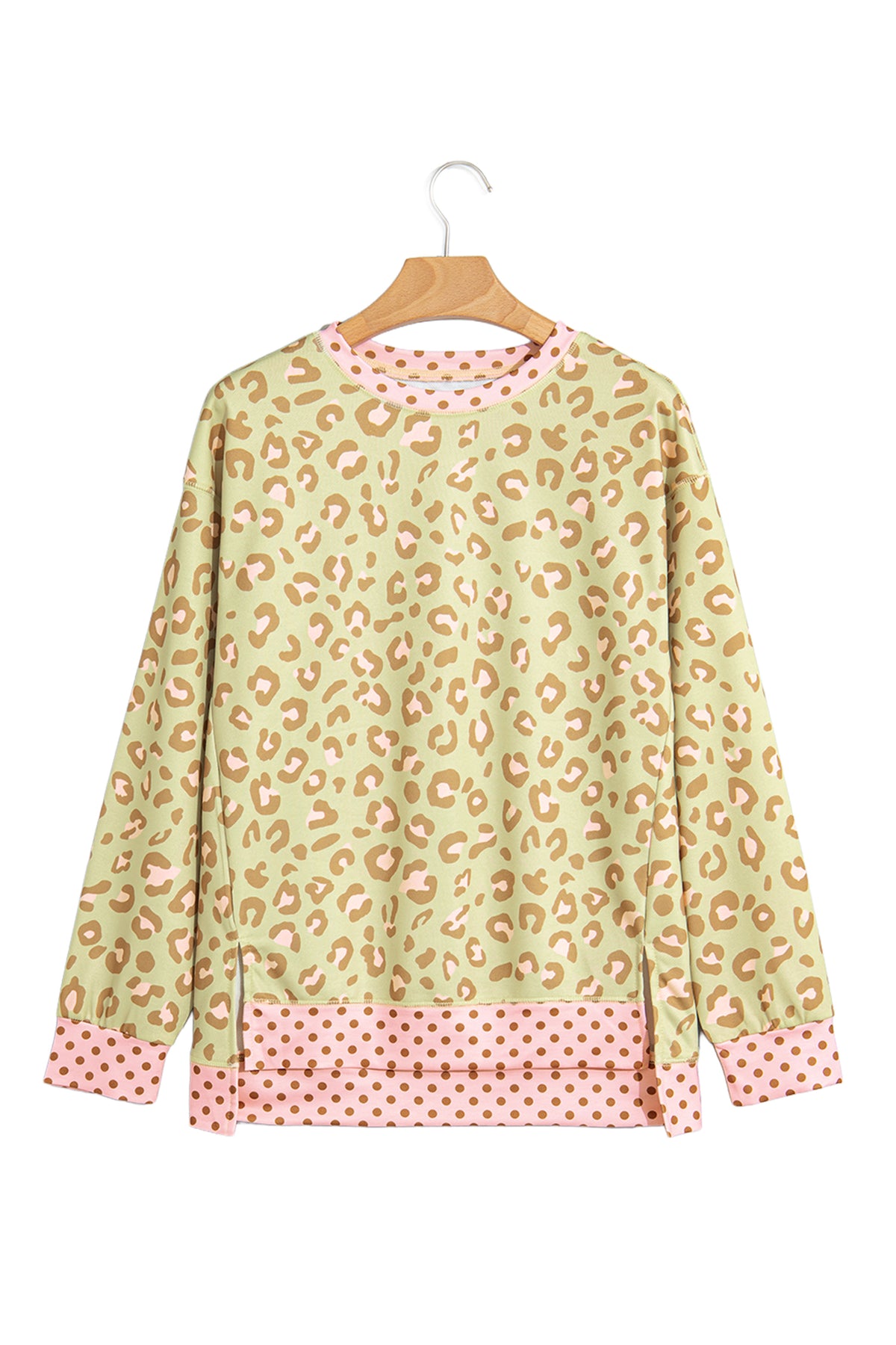Leopard Polka Dot Colorblock Trim Long Sleeve Top