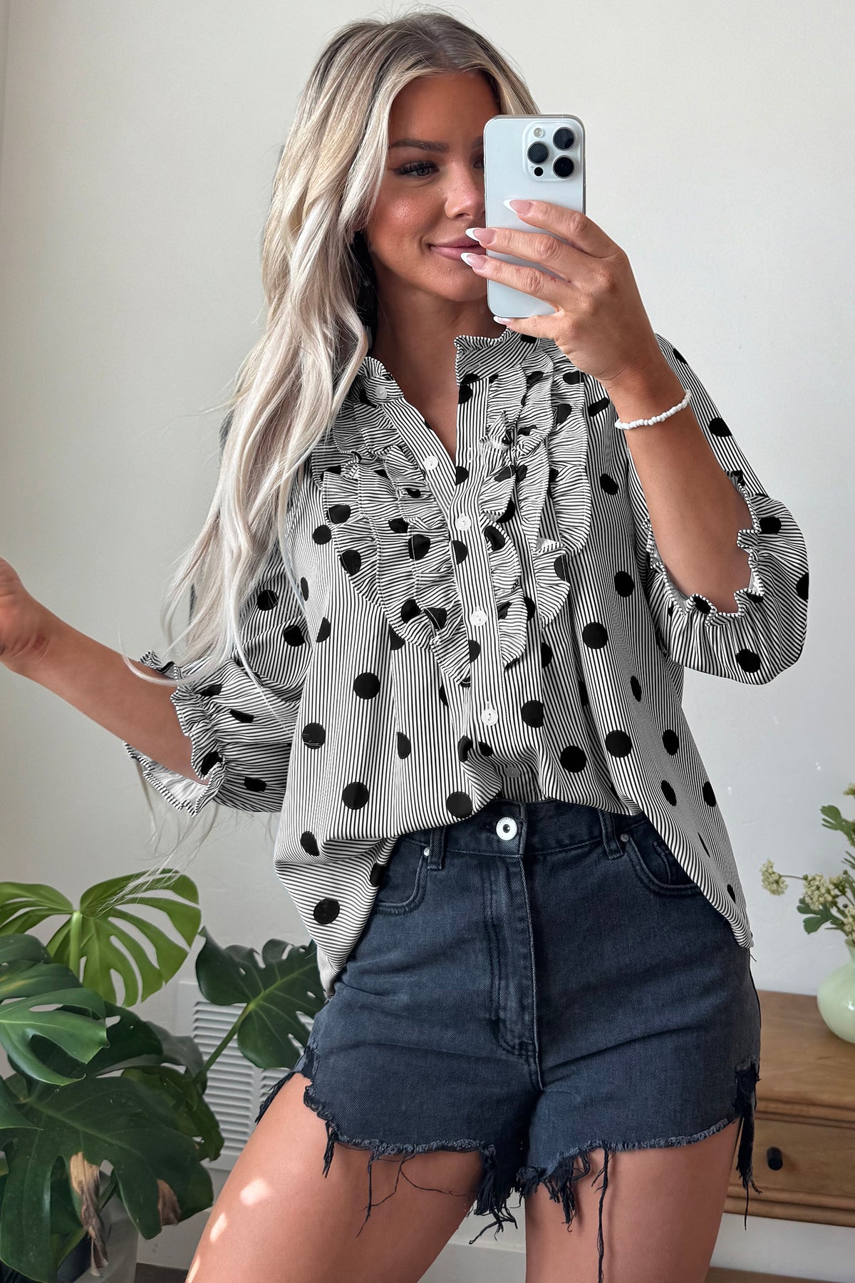Polka Dot Striped Print Ruffle Stand Neck 3/4 Sleeve Shift Shirt