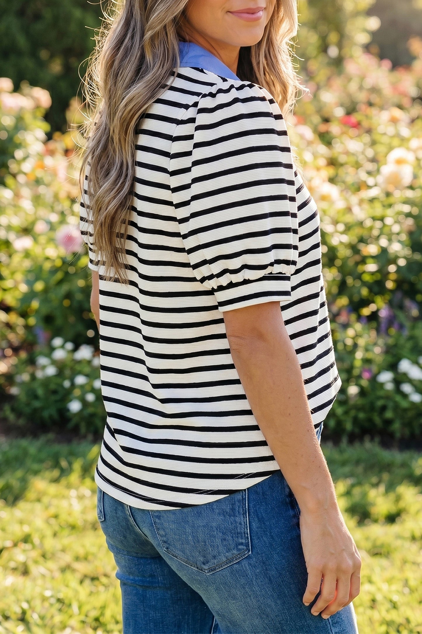 Short Puff Sleeve Color Block Polo Collar Blouse