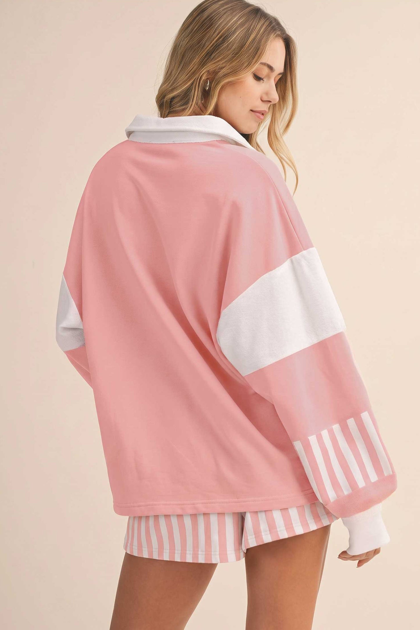Striped Color Block Pullover Top Drawstring Shorts Set