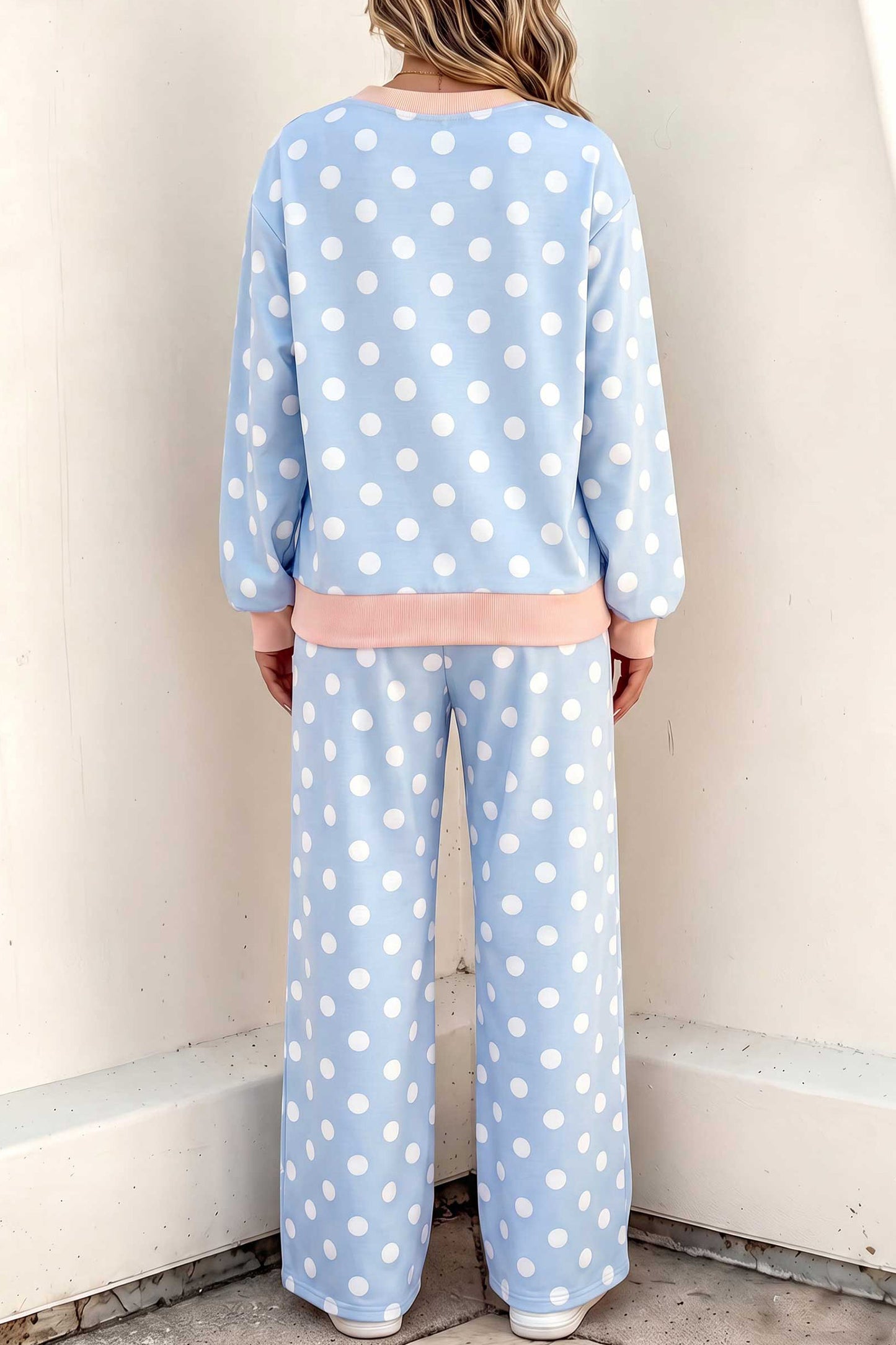 Polka Dot Contrast Trim Long Sleeve Top Drawstring Shift Pants Set