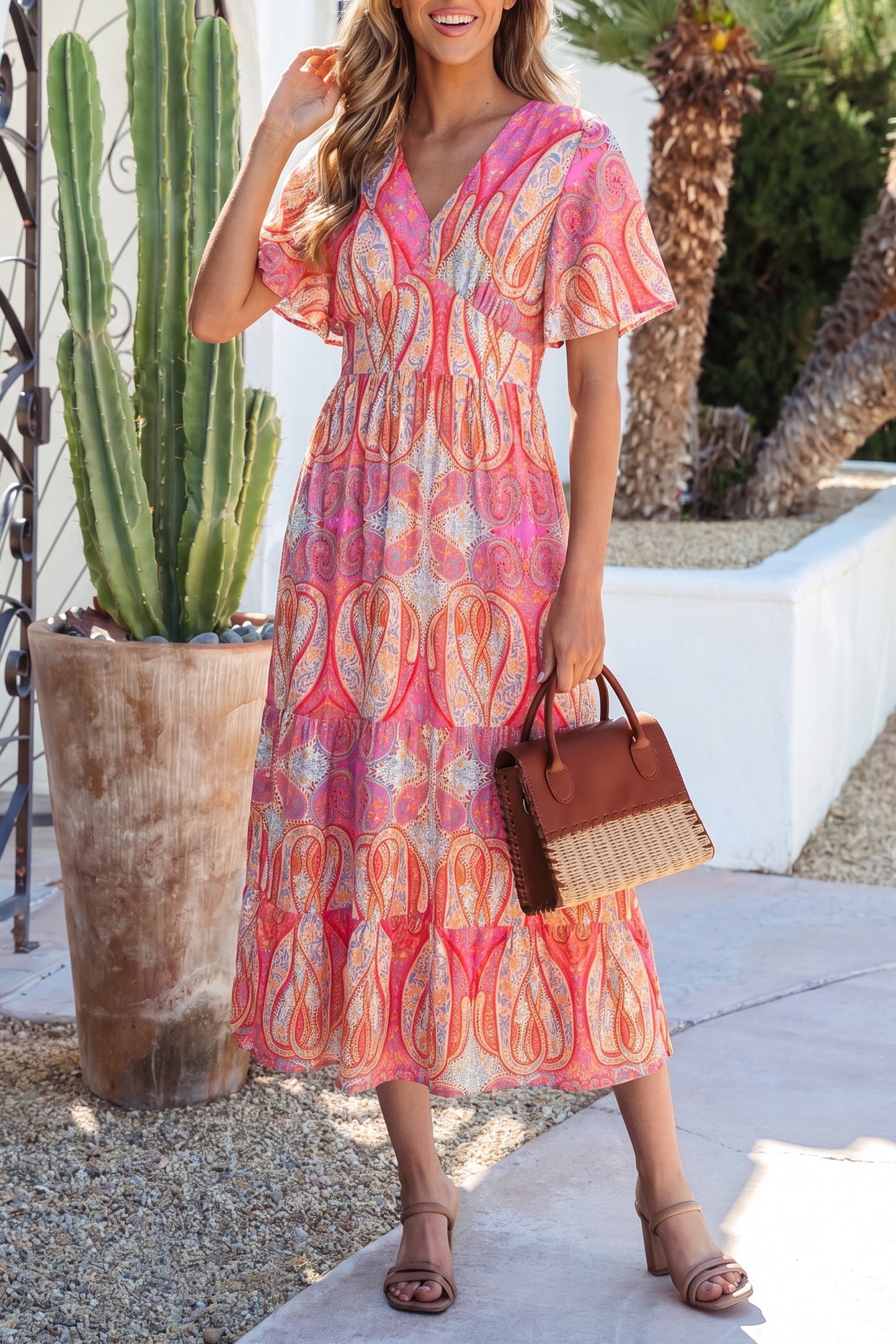 Paisley Print V-Neck Short Sleeve Boho Maxi Dress with Ruffle Details