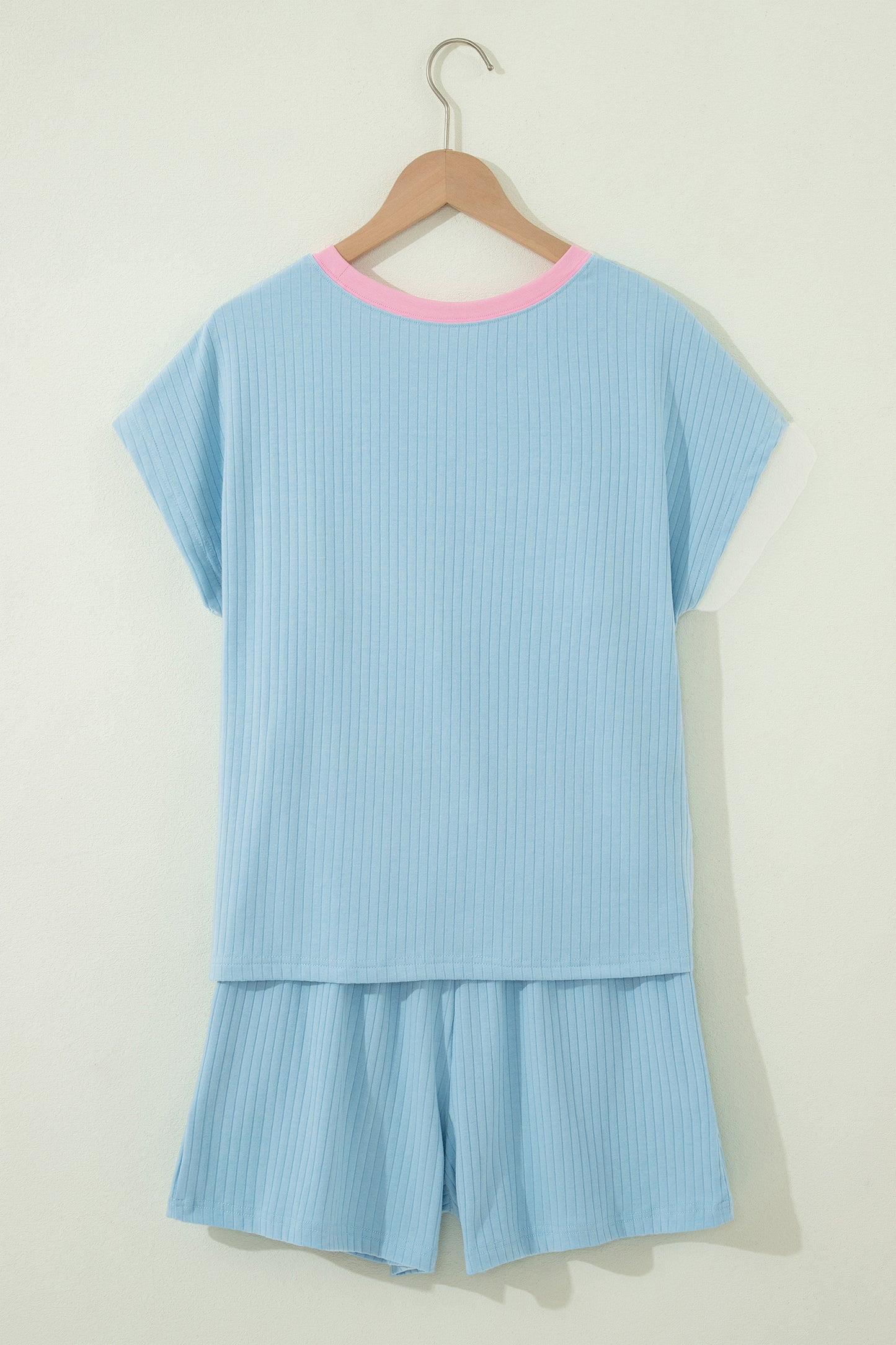 Ribbed Color Block Trim Casual Short Set