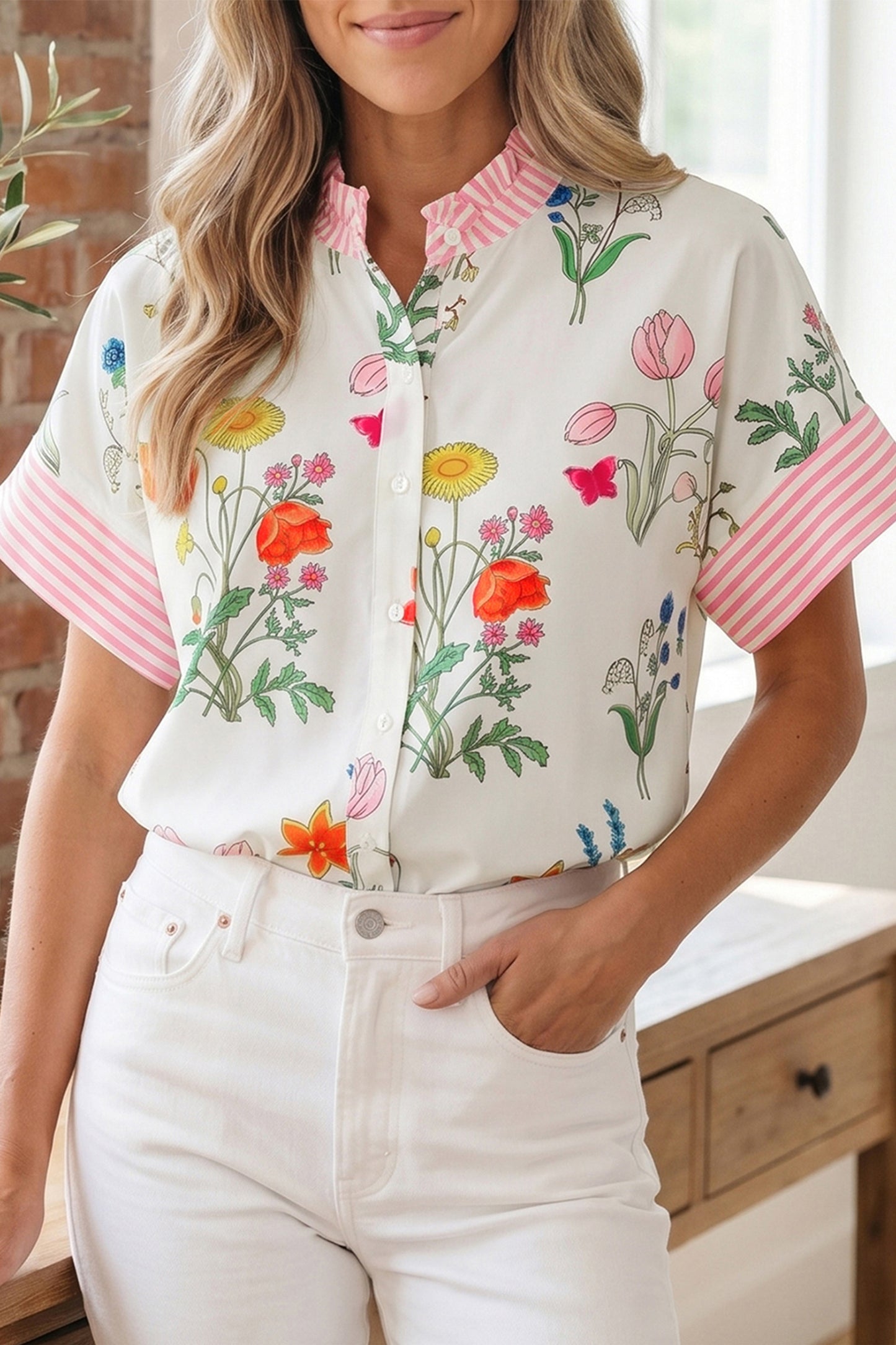 Striped Patchwork Ruffled Collar Short Sleeve Shirt