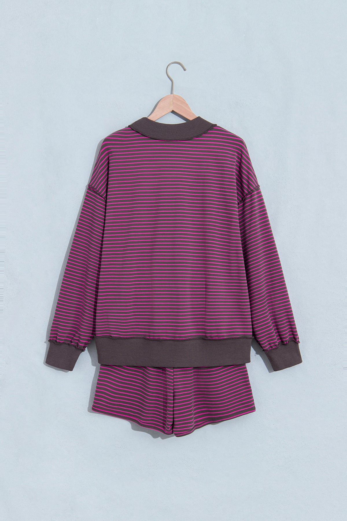 Stripe Ribbed Patchwork Mock Neck Baggy Pullover Matching Shorts Set