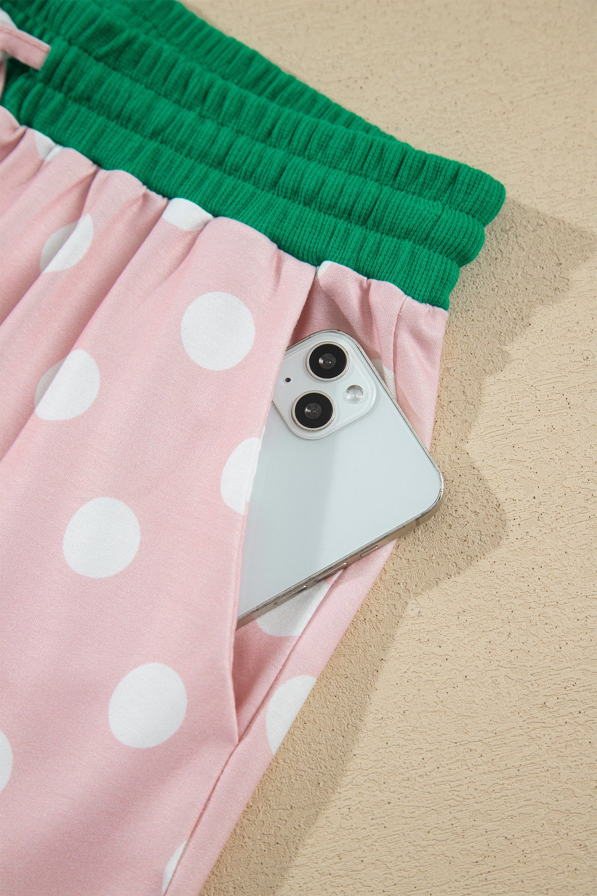 Polka Dot Contrast Trim Long Sleeve Top Drawstring Shift Pants Set