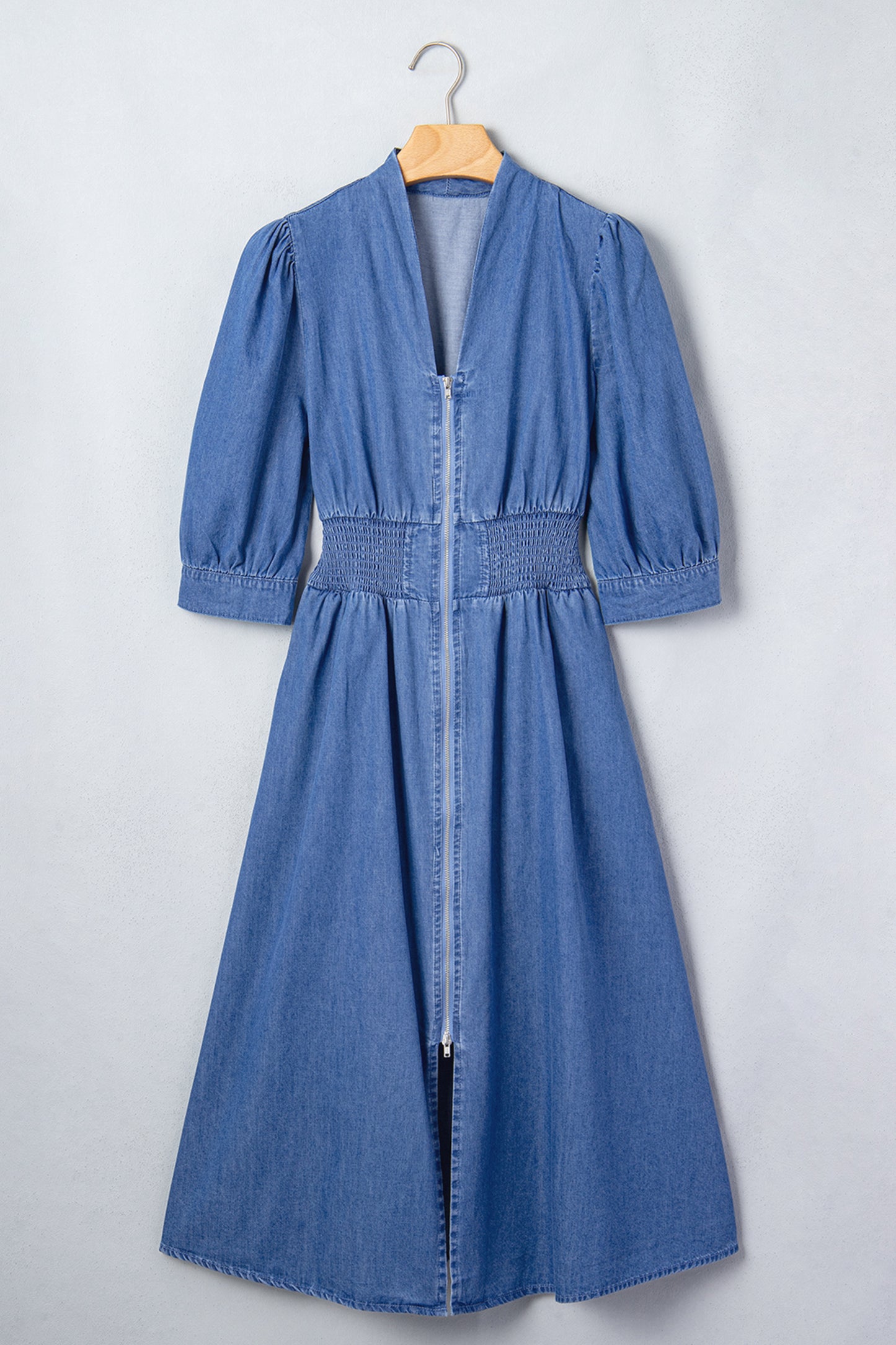 V Neck Shirred Waist Metal Zipper Denim Midi Dress