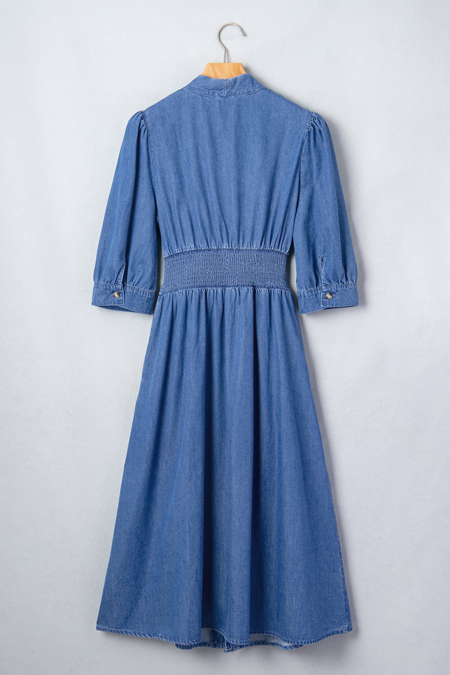 V Neck Shirred Waist Metal Zipper Denim Midi Dress
