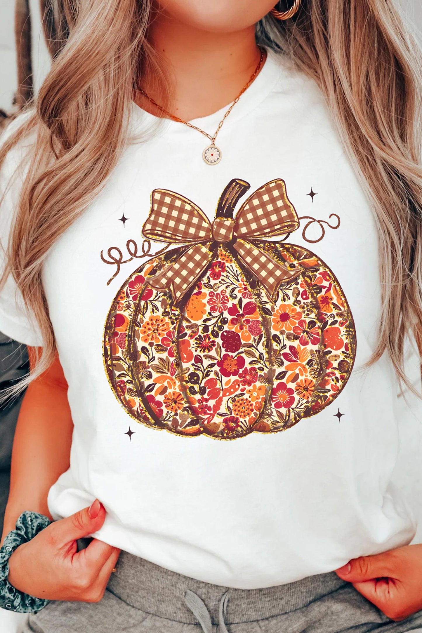 Floral Pumpkin Print Round Neck Short Sleeve T-Shirt