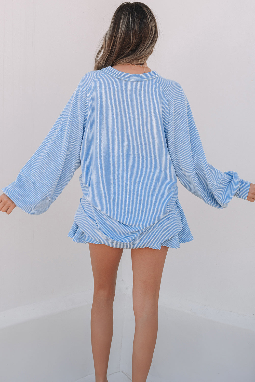 Corded Lantern Sleeve Top High Waist Ruffled Mini Skort Set